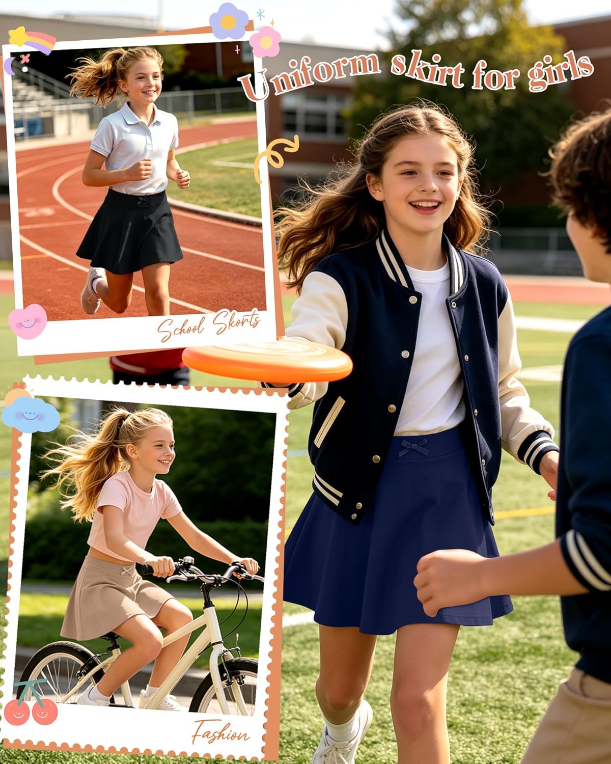3 Pack Girls' Uniform Skirts Pleated Flared Mini School Skorts Built in Shorts with Pockets for Kids