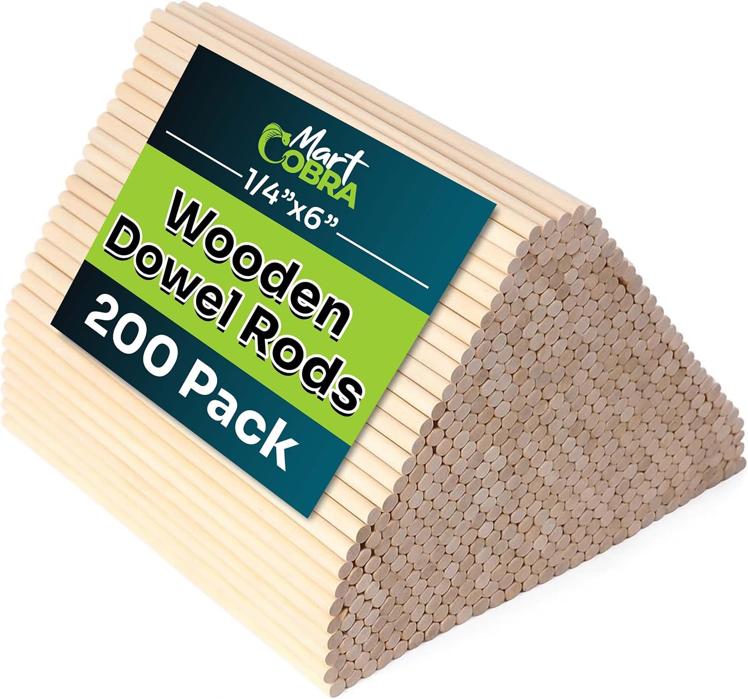 Mart Cobra Wooden Dowel Rods - 200 Pack– 1/8" x 6" Precut Birch Hardwood Dowels, Craft Sticks – Smooth, Food Safe – Small Wood Rods for Art, Crafting, Modeling, Centerpieces, Lollipop Sticks for Craft