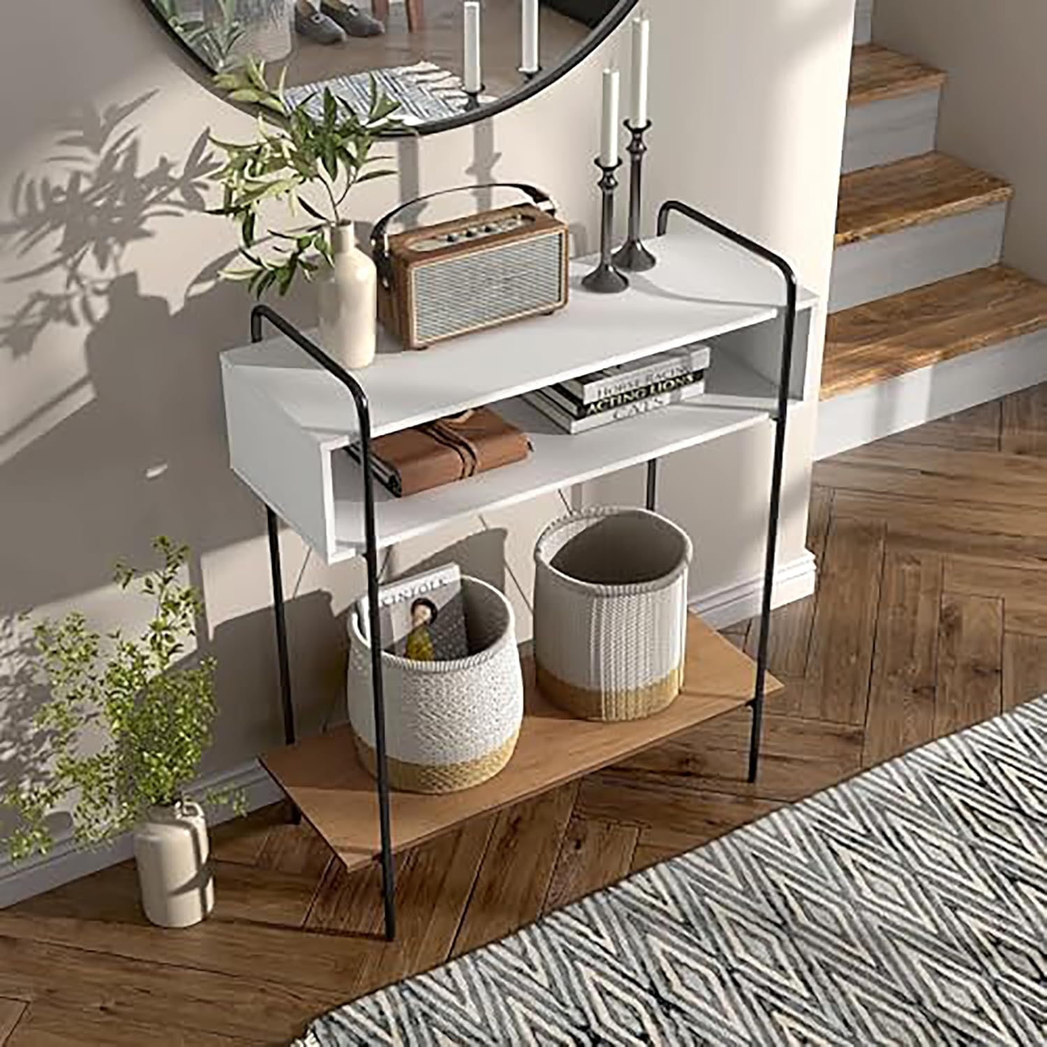 Furniture of America Alyia Modern 36 inch High Console Table with Storage Shelves and Metal Frame Legs for Living Room, Entryway, Hallway, Office, Corridor, Foyer, White & Distressed Oak