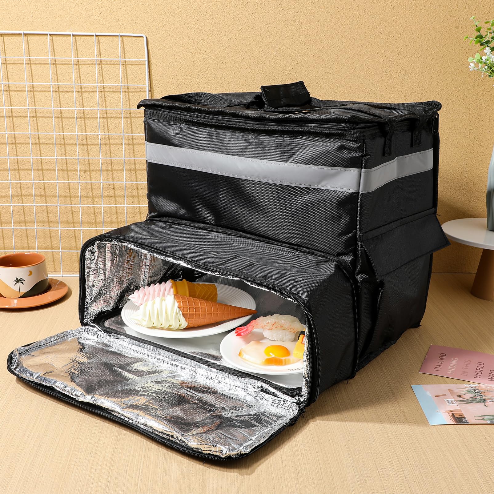 Cabilock Lebensmittelrucksack Isoliert Für Gastronomie Großer Reisekühltasche Mit Erweiterbarem Stauraum Reflektierende Sicherheitstreifen Robustes Oxford Gewebe Für Pizza Und Speisetransport