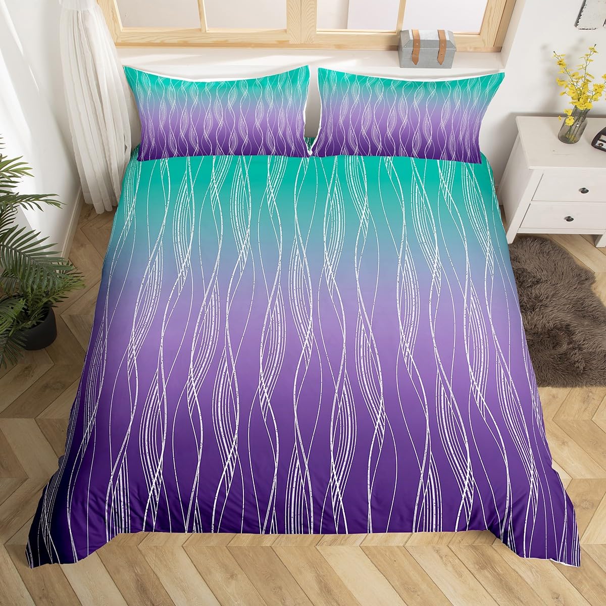 Homewish Ombre Duvet Cover Teal Green Purple Bedding Set Single For Kids Boys Girls Abstract Gradient Geometric Comforter Cover Modern Fashion Striped Bed Set Aesthetics Room Decor Zipper 2 Pcs