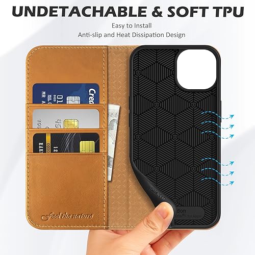 Miniatura 8 de SHIELDON Funda para iPhone 13 5G, piel auténtica, duradera, con función atril, bloqueo RFID, tarjetero de crédito, magnética, a prueba de golpes,