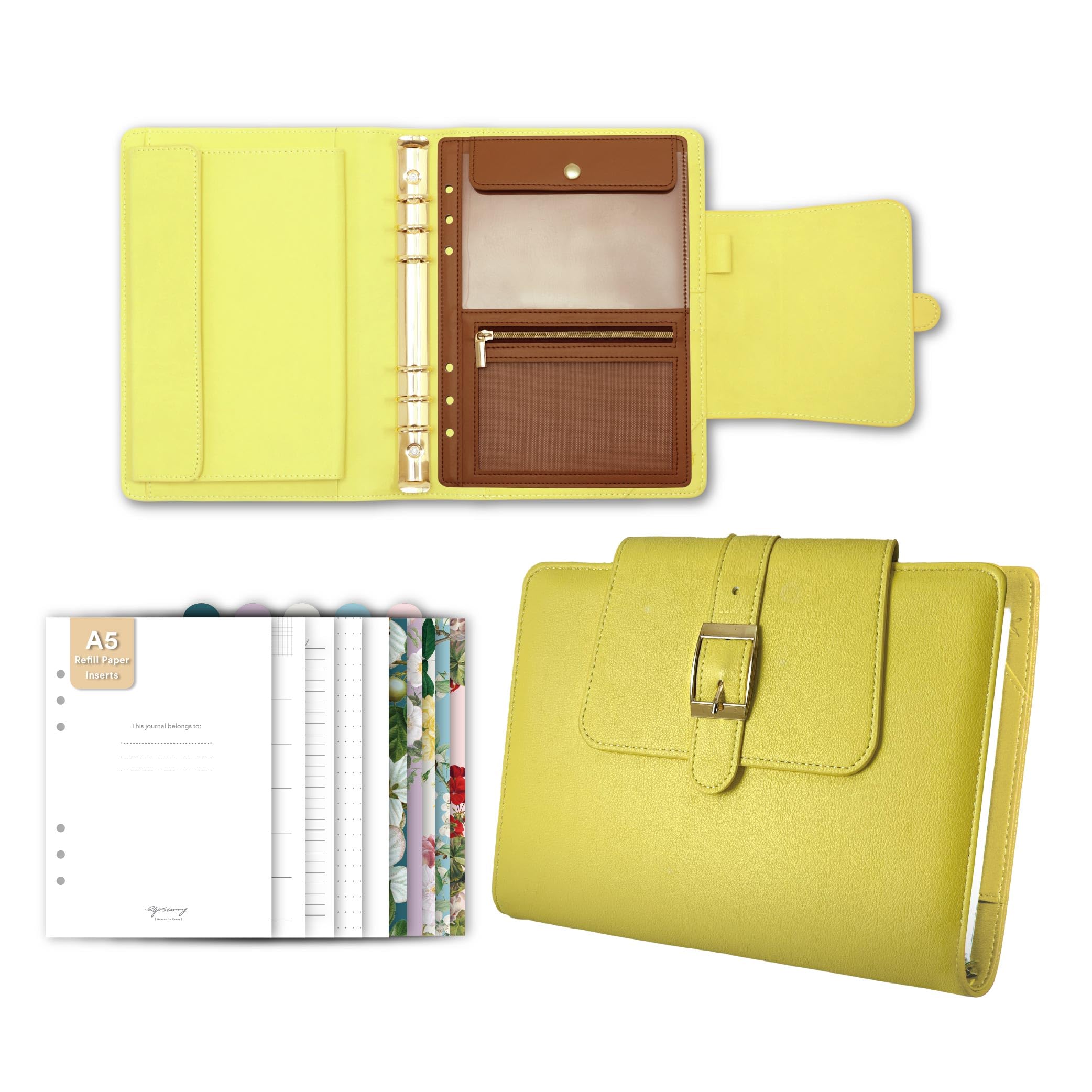 Agenda con chiusura a cintura, formato A5, in pelle PU, 14,7 x 21,1 cm, ricaricabile, a 6 anelli, con 80 fogli, divisori e custodia rimovibile, organizer strutturato per lavoro e uso
