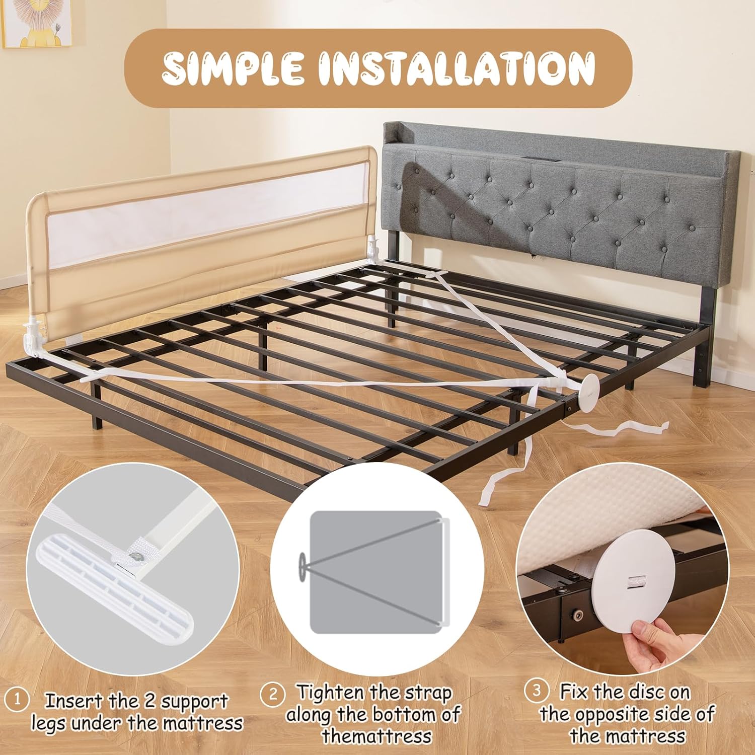 GLACER Foldable Bed Rail for Toddlers - 71" Bedrail w/Safety Straps, Child Lock & Removable Oxford Cover, Swing Down Baby Bed Rail Guard for Crib, Full, Twin, Double, Queen & King Bed (Beige, 1 Pack)