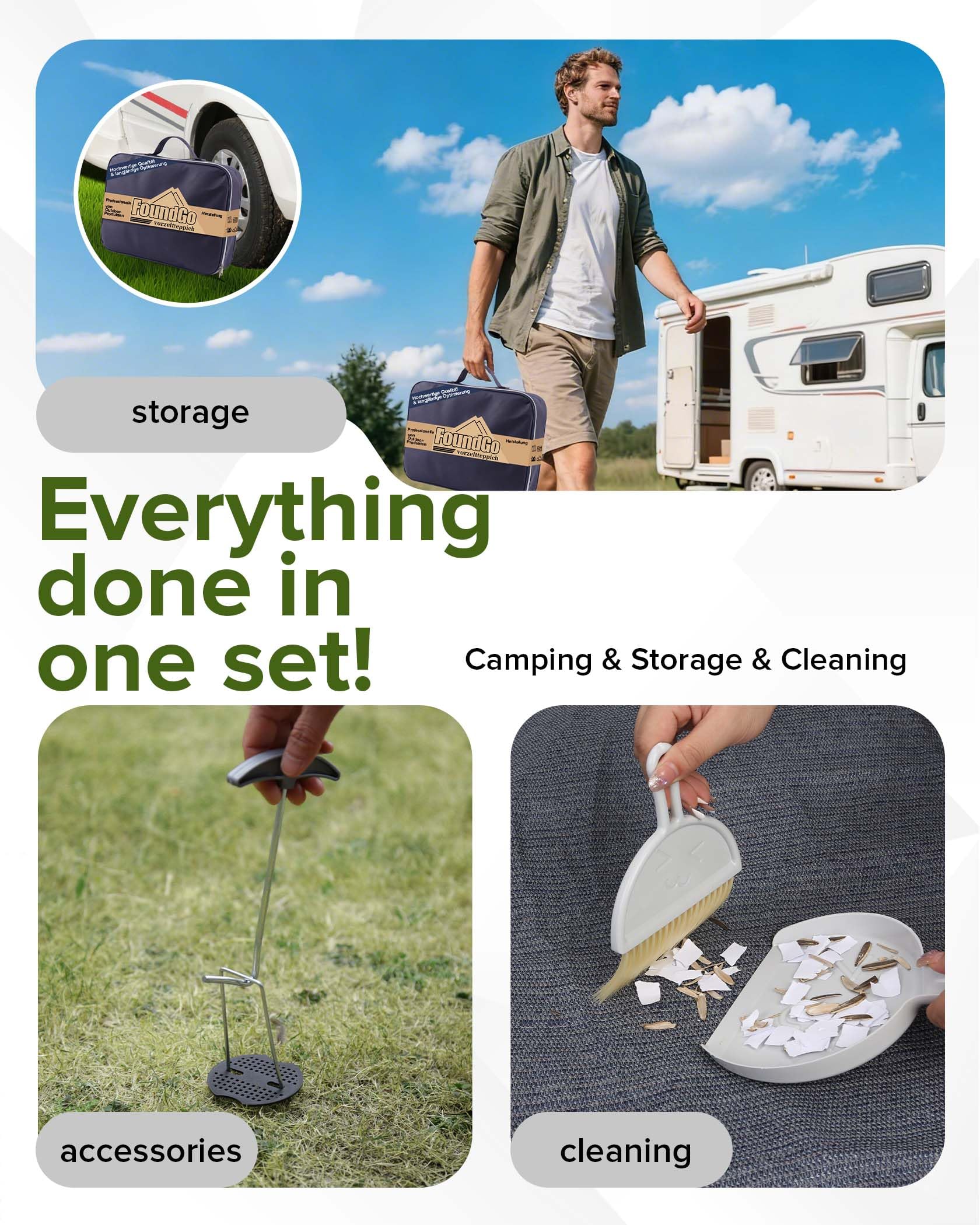 FoundGo Vorzeltteppich mit Ösen [280g/m² HDPE] Camping Teppich Outdoor Vorzeltboden inkl. Tragetasche Stahlnägel & Kleiner Besen Blau/Grau
