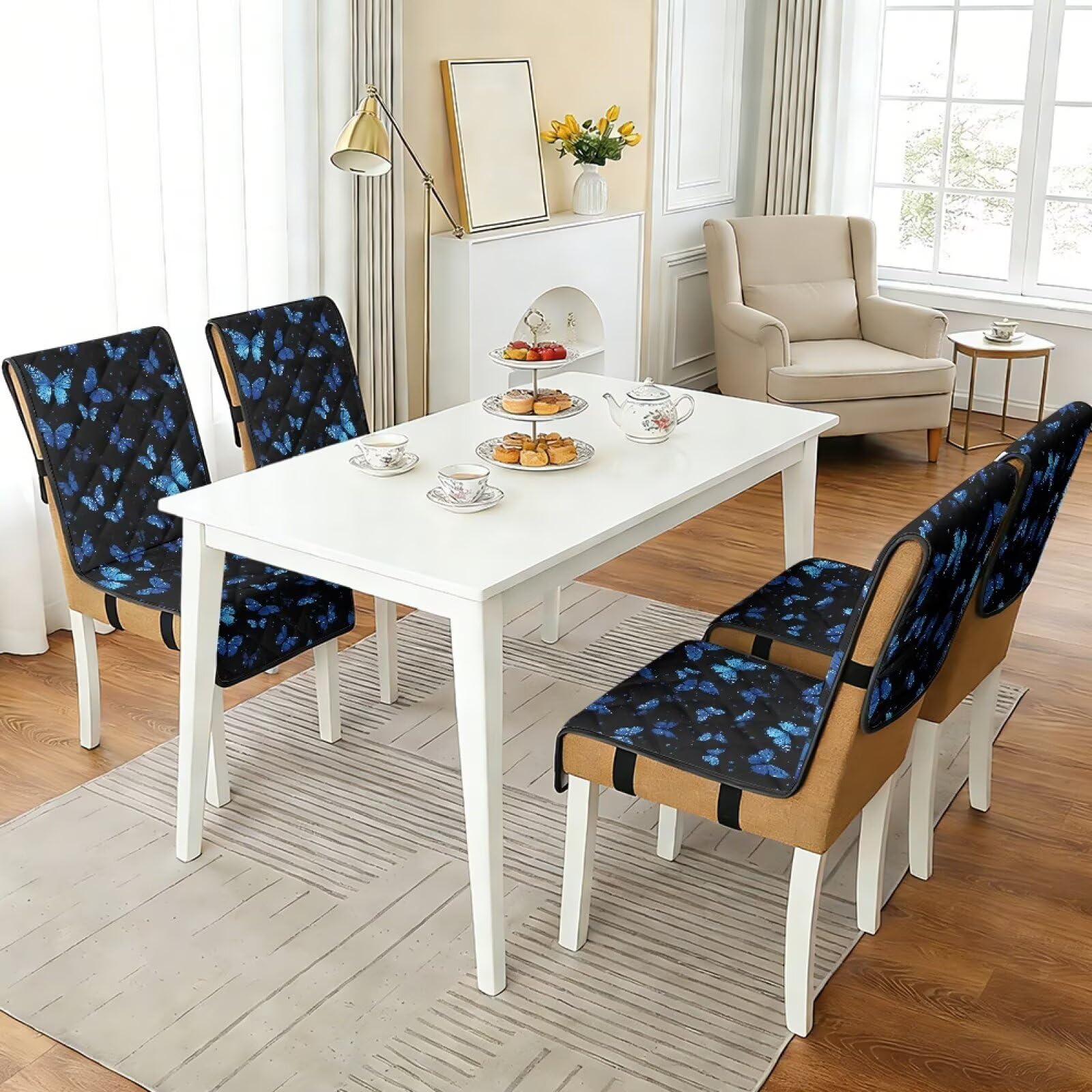 Federa trapuntata per sedia da pranzo con stampa a pois blu, 4 pezzi, antiscivolo, antimacchia, con fascia elastica, per casa, ristorante