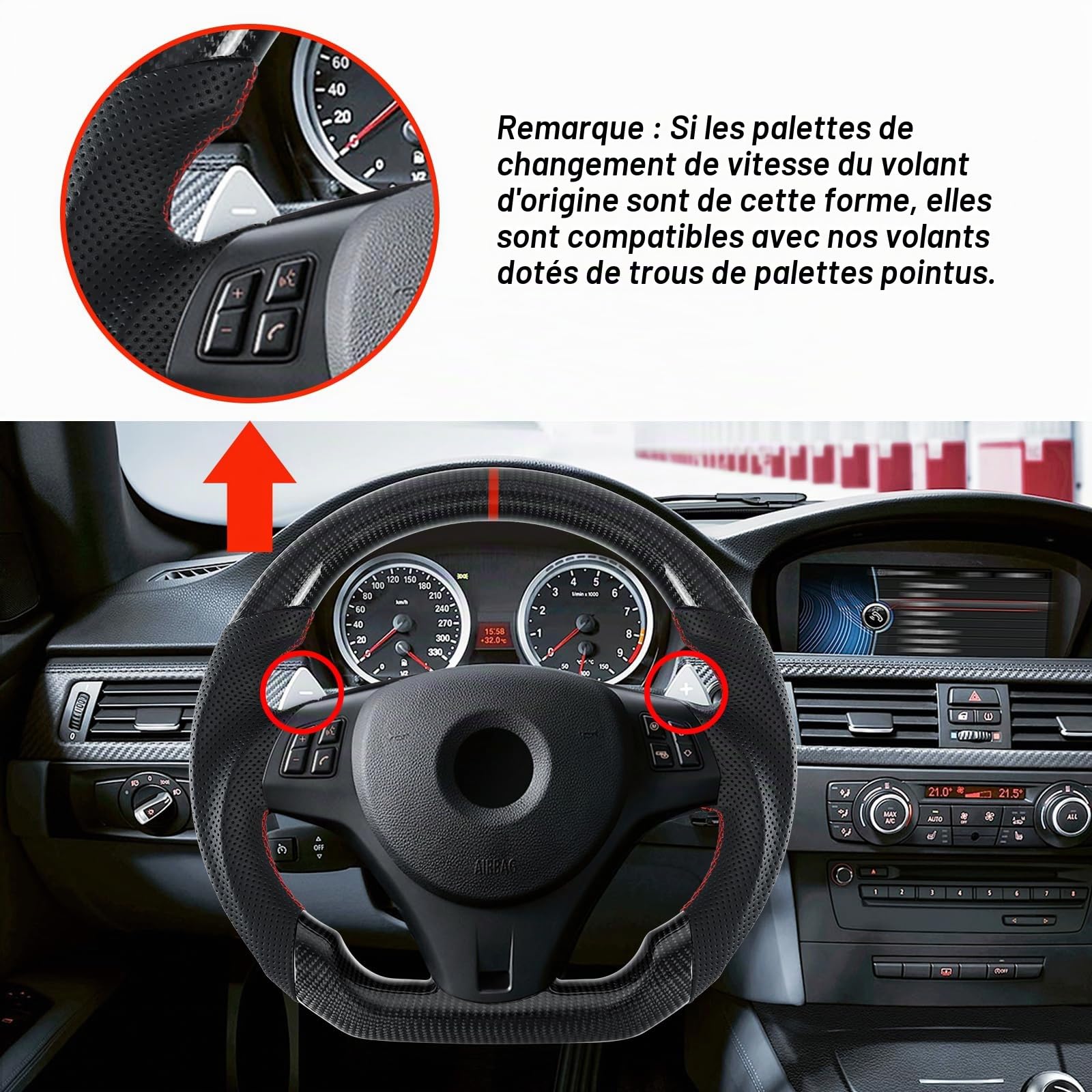 Volant en fibre de carbone véritable fabriqué à la main, volant en forme de D avec fond plat, volant avec pavillons aiguisés pour BMW M Sport 1/3 Série M3/E88 E90 E91 E92 E93 2005-2012