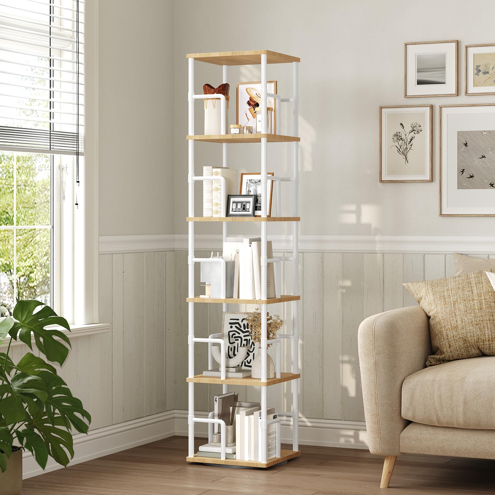 MAHANCRIS Libreria Girevole a 5 Livelli, Scaffale Angolare Indipendente, 360°, Stile Industriale, con Protezioni, per Soggiorno, Camera da Letto, Studio, Ufficio, Bianco ABKBN1601