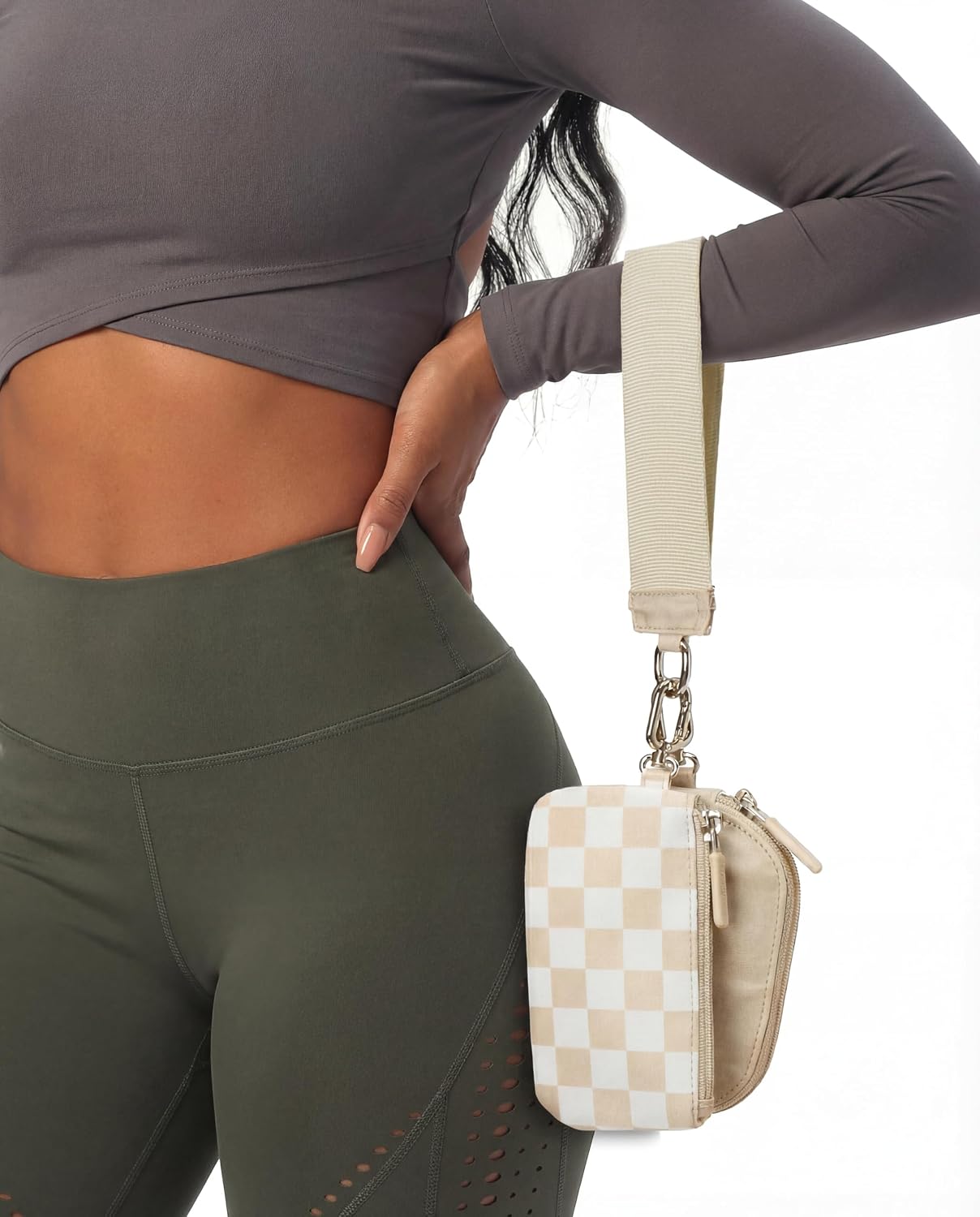 Pander Dual Pouch Wristlet Wallet for Women, RFID Blocking 2-Piece Keychain Coin Purse Set, Detachable Mini Pouch for Car Keys, Gym & Travel, Machine Washable, Checkered Beige image 2