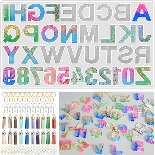 Kit de moldes de resina para llavero, moldes de silicona con alfabeto invertido para epoxi, moldes de resina con agujero para llavero con 20 borlas,