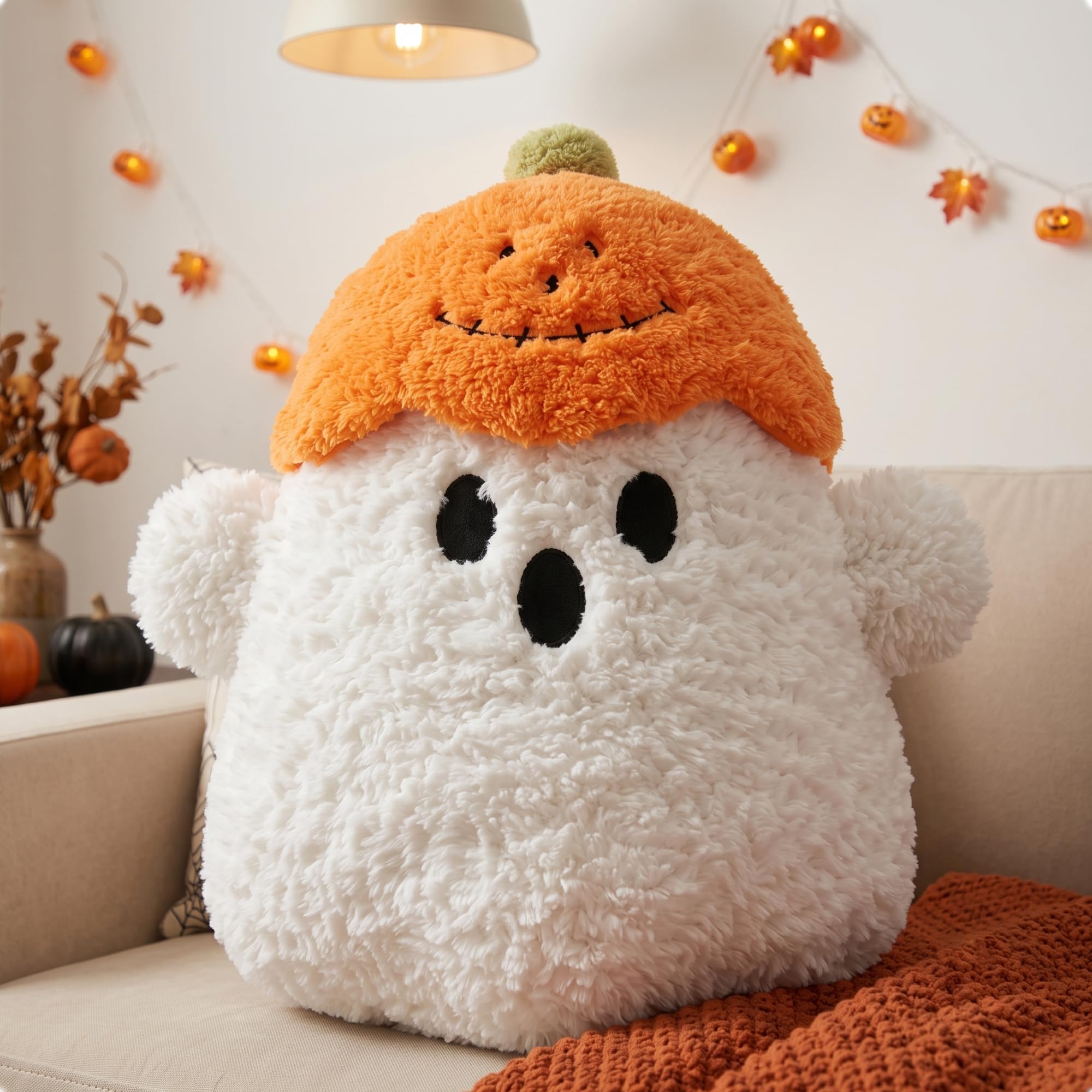 Ghost Halloween Throw Pillow, Cute Halloween Plush Toys with Pumpkin Hat，L