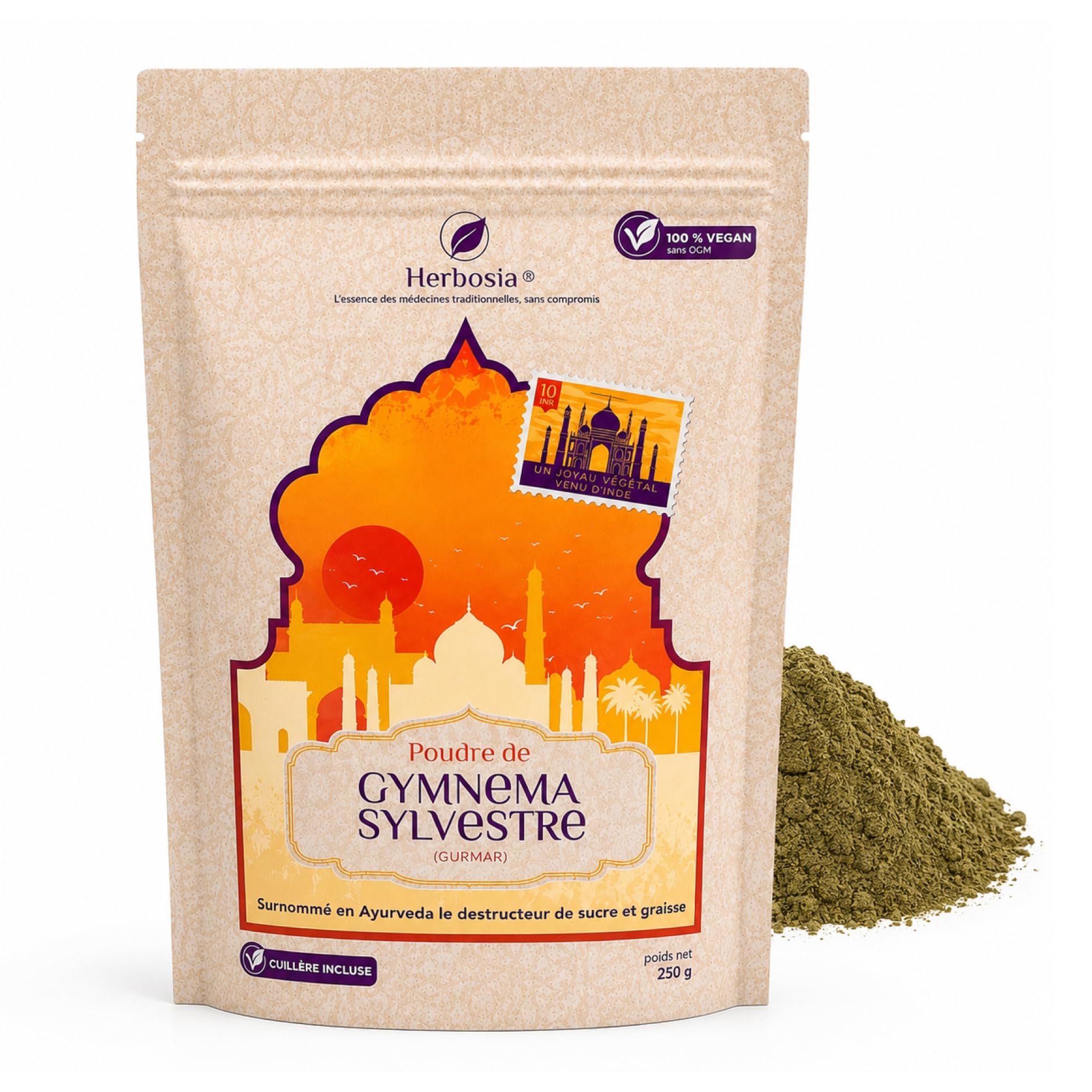 Poudre de Gymnema Sylvestre 250 g – Feuilles en Poudre Fine – Plante Traditionnelle d'Inde (Gurmar) – 100% Végétal sans OGM – Sachet Refermable avec Cuillère Doseuse