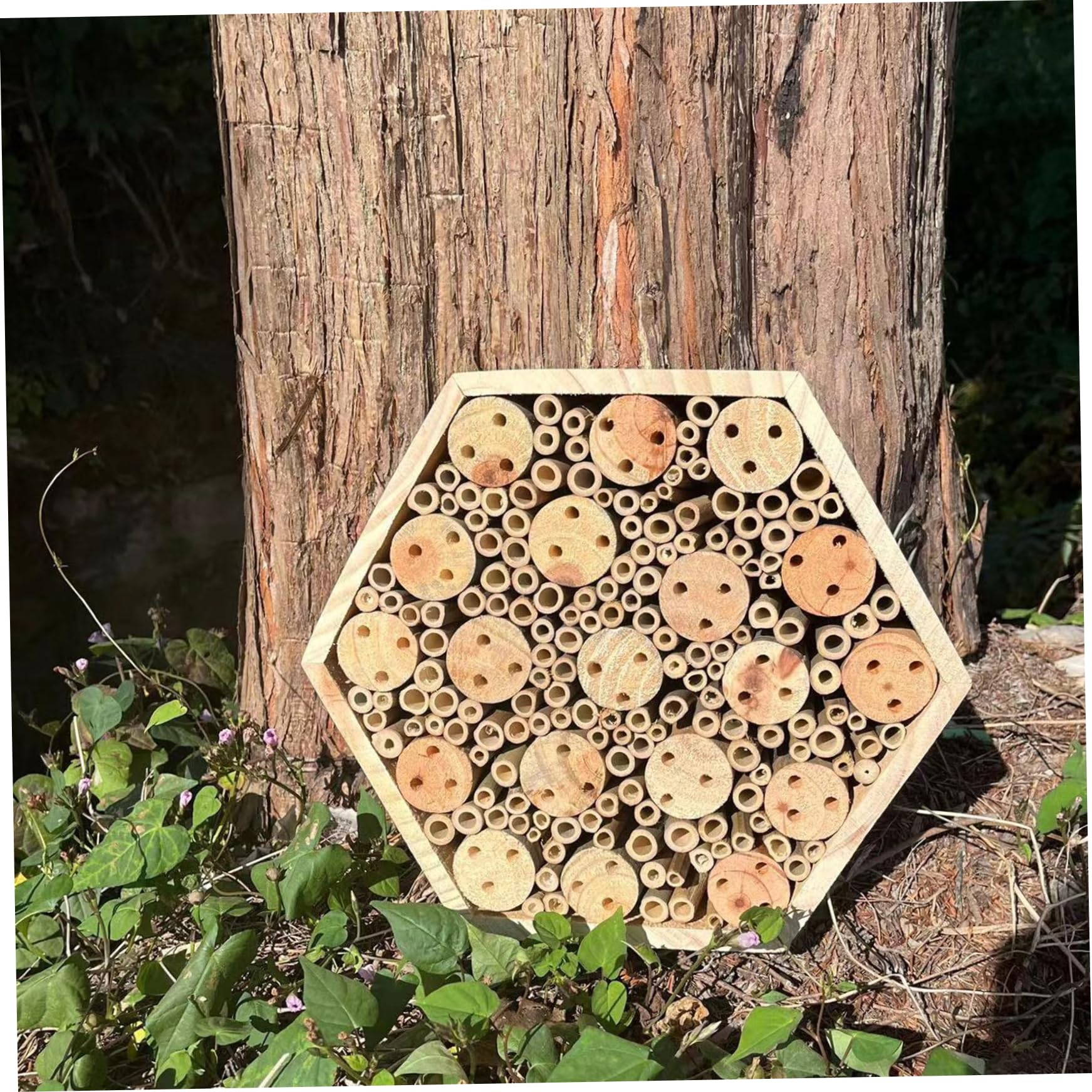 Casetta per esagonale in legno per giardino - Hotel naturale con corda sospesa, casetta per in muratura per esterni per attirare gli impollinatori, decorazione per il giardino dell'hotel