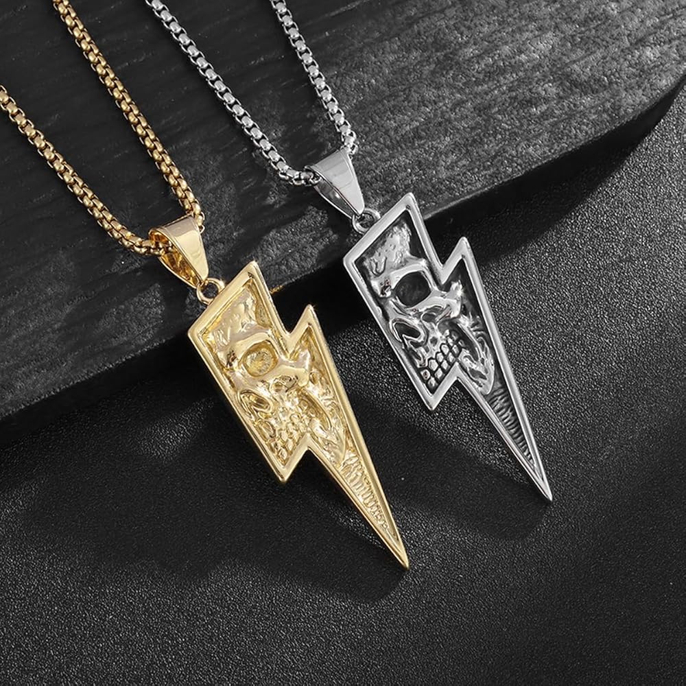 Vintage Carved Skull Lightning Bolt Cool Punk Pendant