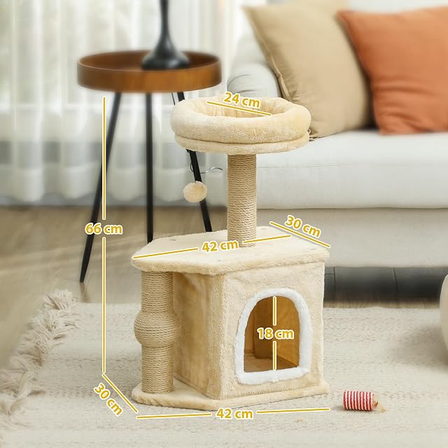 Foto 6 de 8 de PawHut Rascador para Gatos con Cama Cueva Plataforma 66 cm Beige