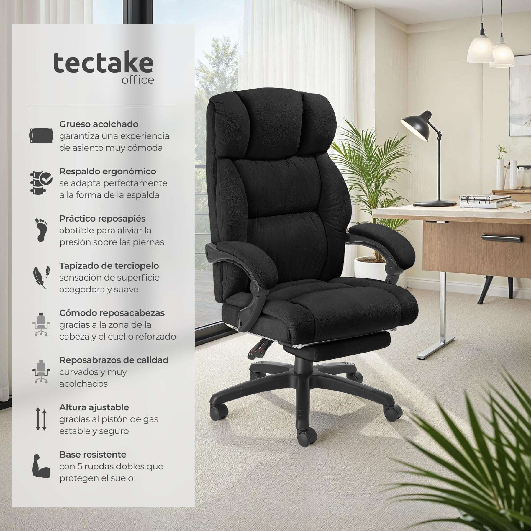tectake® Silla Oficina Ergonomica con Reposapiés Desplegable, Mobiliario de Oficina, Reposabrazos Ajustables, Sillas Oficina, Sillón, Silla Escritorio, Sillas Escritorio - Negro