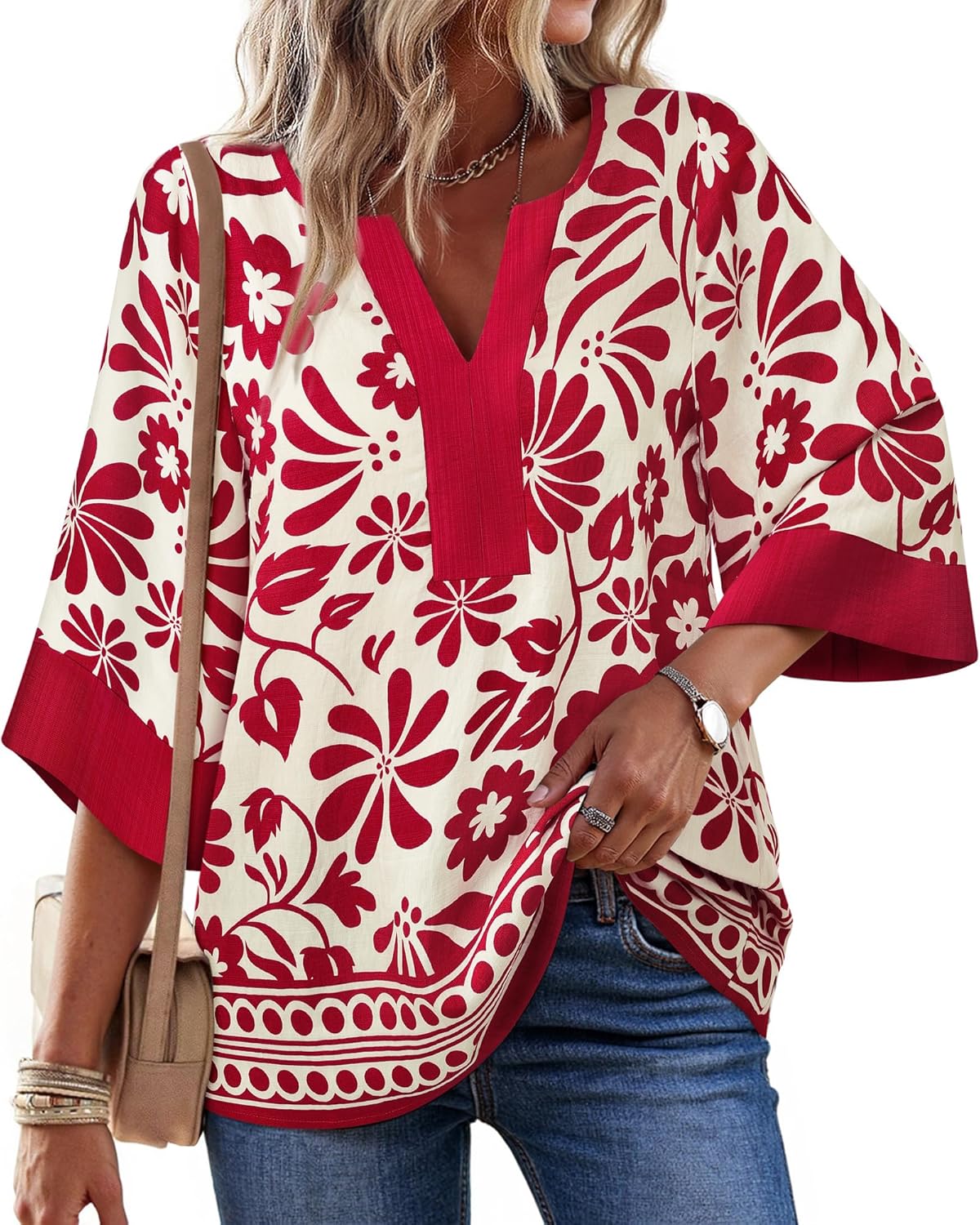 Bebonnie Women Blouses Dressy Casual 3/4 Sleeve V Neck Floral Loose Fit Tunic Tops - Image 2