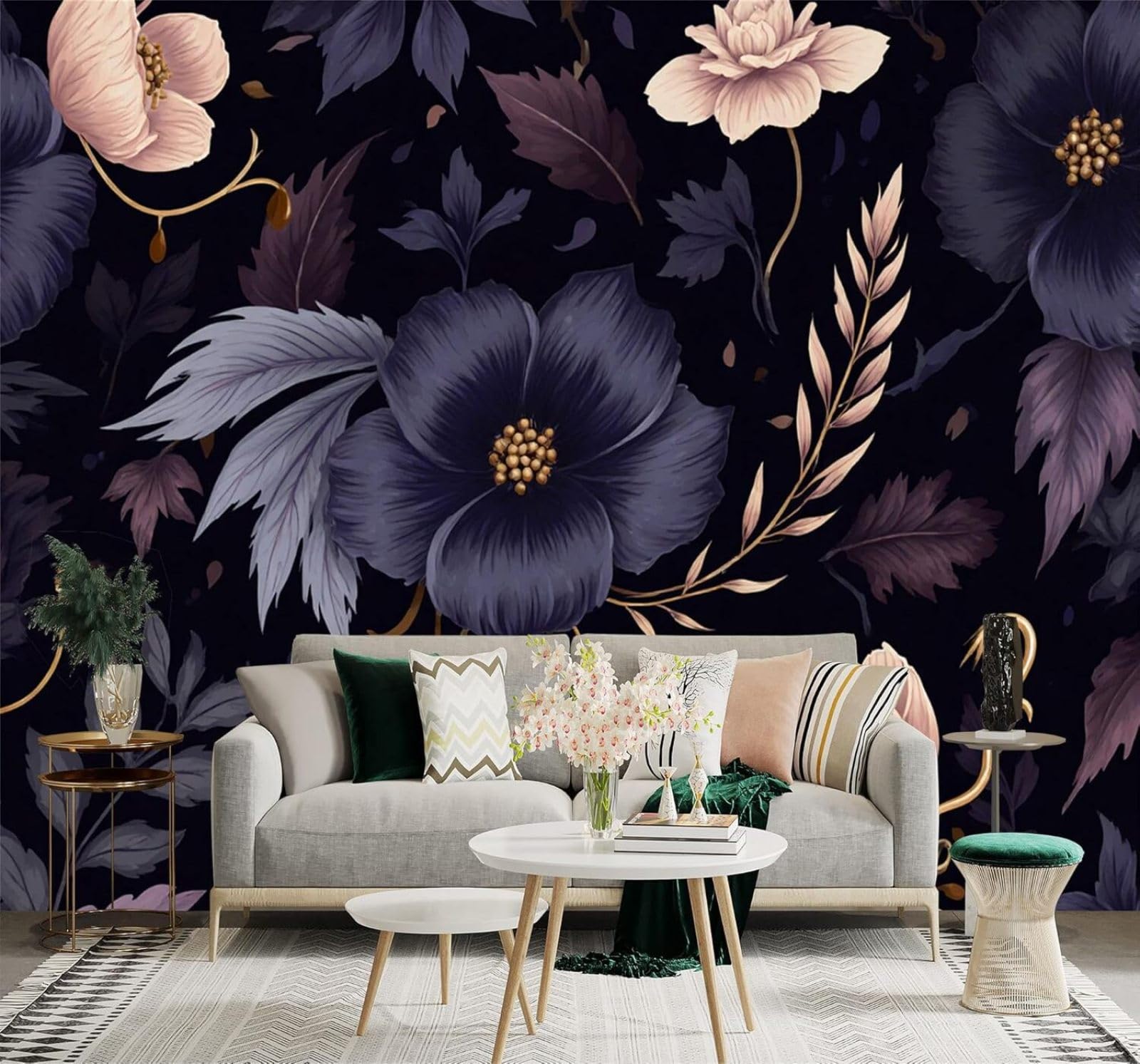 Papier peint panoramique soie XLMING fleurs élégantes nuit calme