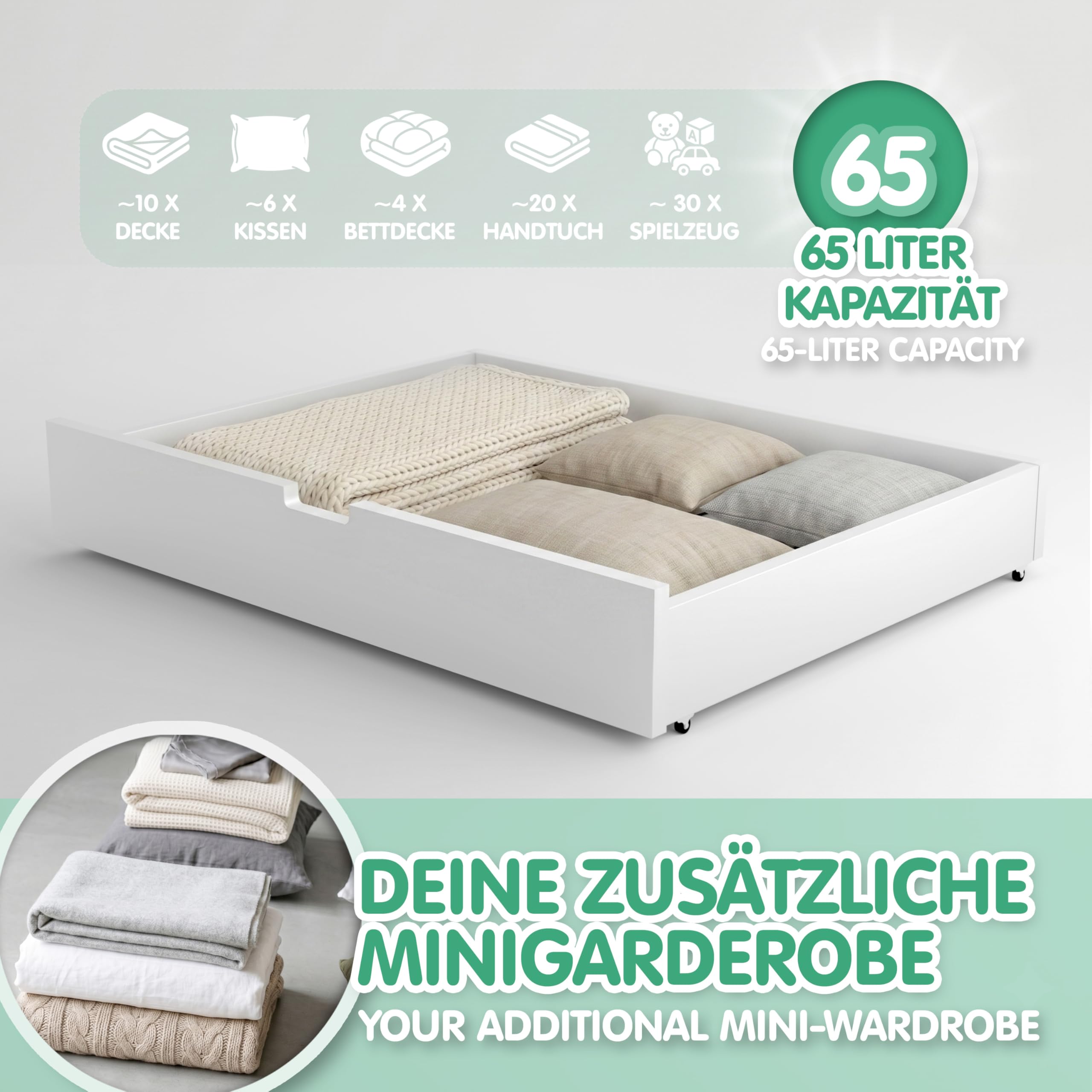 CADANI Bettkasten 2er Set Weiß mit Rollen – Unterbettkommode Holz – 86,5x58,5x12,5 cm – Bett Schublade für Bettwäsche Kleidung Spielzeug – Stauraum unter Bett
