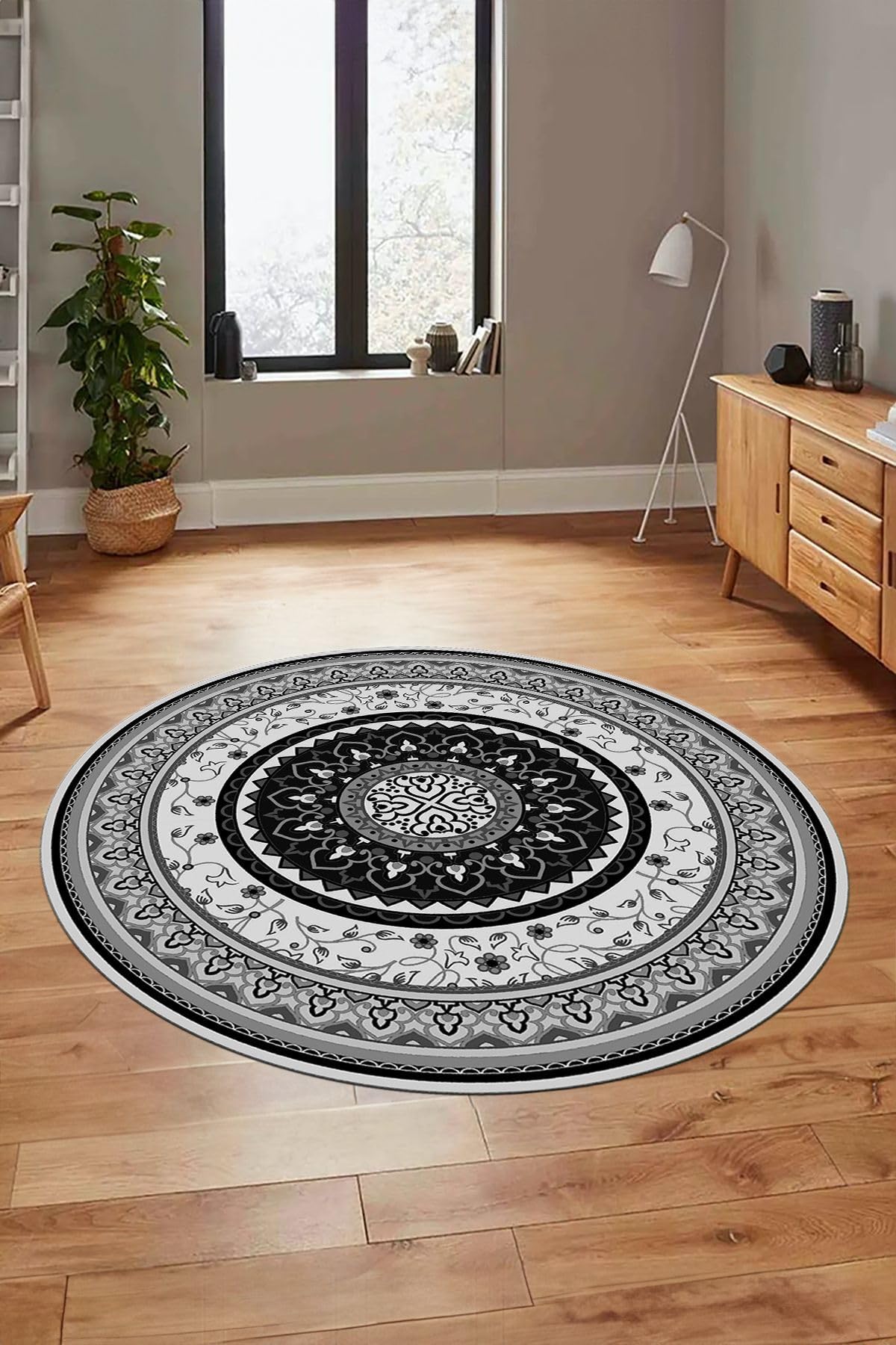 Evdeya Göbekli Klasik Dijital Kaymaz Taban Yıkanabilir Yuvarlak Mutfak Salon Halısı Y-KLASİK-18, Gri, 60 x 60