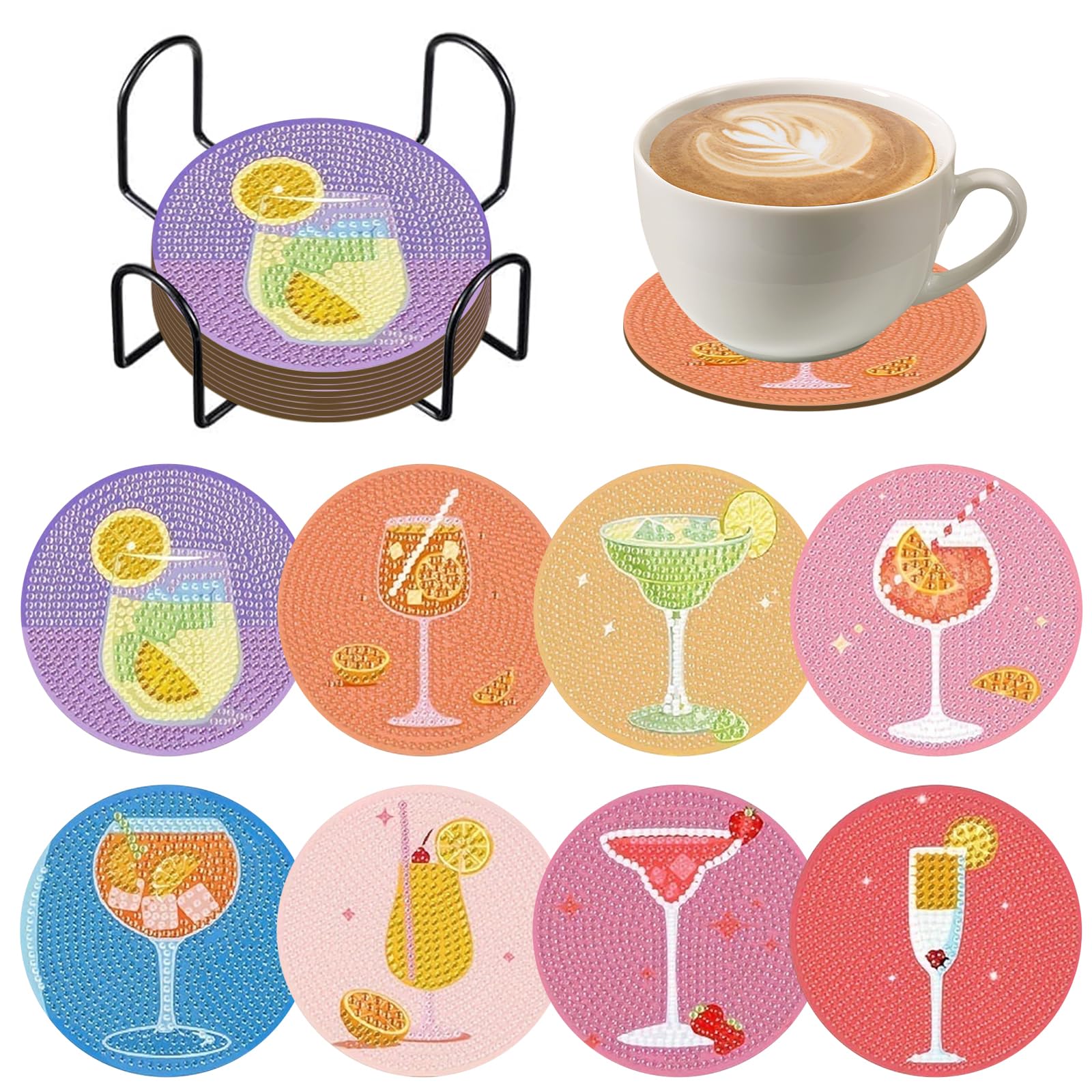 KUHAWL 8 Stück Diamond Painting Untersetzer mit Halter, Cocktail Diamant Tassenuntersetzer, Diamond Painting zum Basteln DIY Untersetzer Diamant Painting für Tassen Weingläser Vasen Heimküche