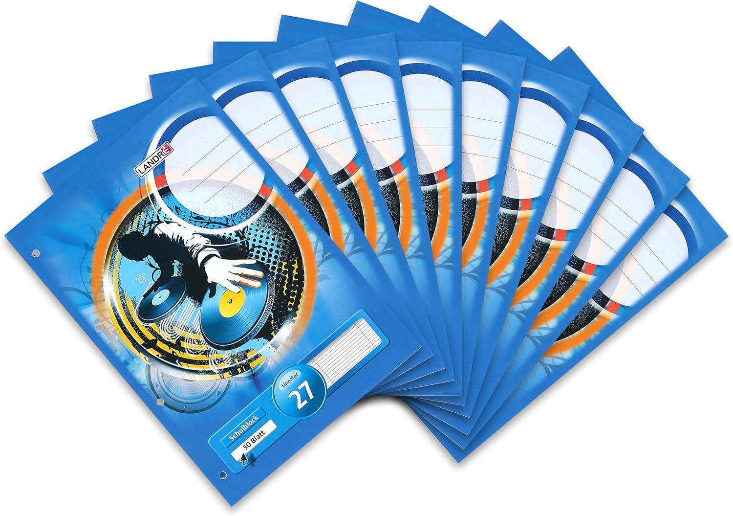 Landre 100050449 School Notepad A4 50 Sheets Line Style 21 Lined, 70 g/m², Wood-Free, Paper, 4 Holes) Pack of 10 School Pad, A4, 50 Pages, Ruling 27 - Lined/Edge Left and Right 0