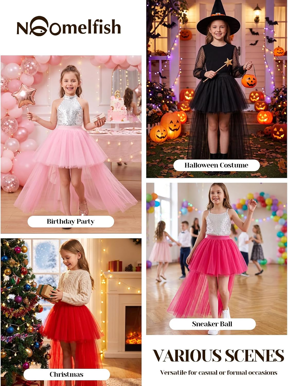 Noomlfish Girls High Low Long Tutu Skirts Kids Tulle Party Maxi Skirt (4-12 Years)