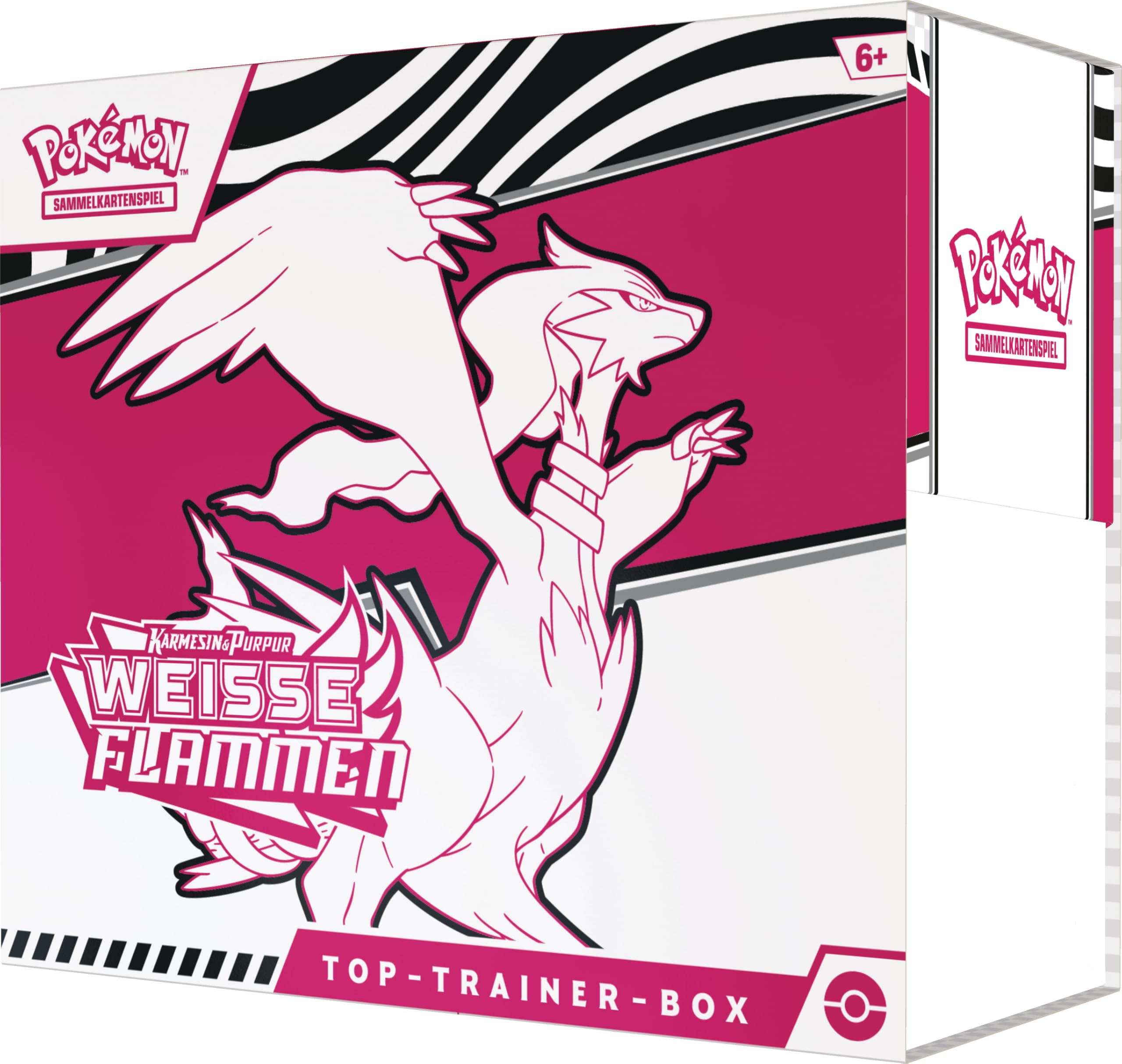 Pokémon-Sammelkartenspiel: Top-Trainer-Box Karmesin & Purpur – Weiße Flammen: Reshiram (1 Vollbild-Promokarte mit Boreos, 9 Boosterpacks & Zubehör)