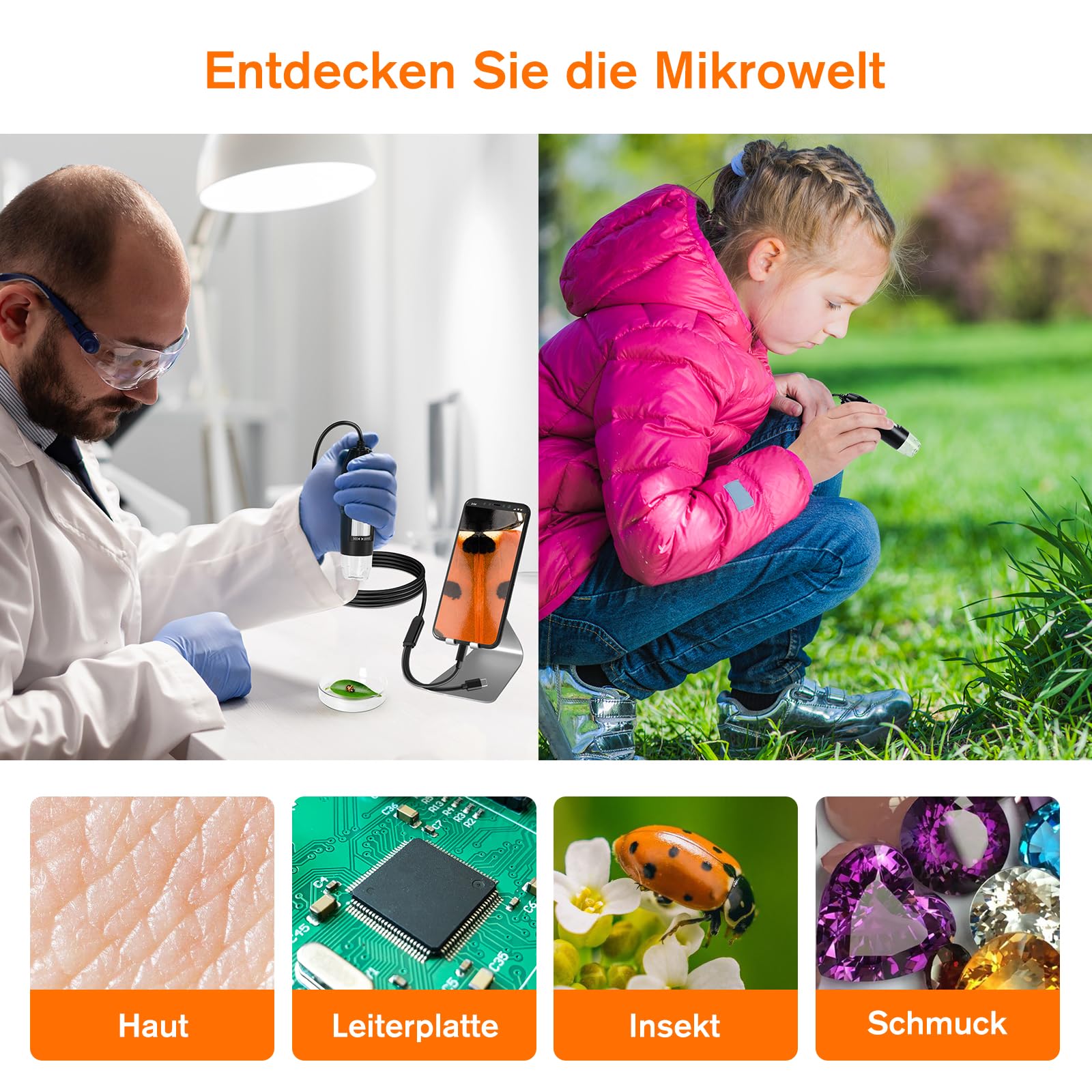 WADEO Digital Mikroskop, USB Mikroskop 1440P HD mit 50X-1600X Vergrößerung, Tragbare Inspektionskamera WiFi-frei, Kabeliges Handmikroskop mit 8 LED und Ständer, iOS, Android und Tablets kompatibel