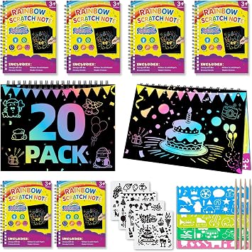 HXDOGSP Scratch Art for Kids 20 Pack Rainbow Scratch Paper Party Favors - Art Crafts Notebook Suitable for/Birthday Gifts/School Crafts Kit/Classroom Prizes for Girls and Boys Aged 4-12