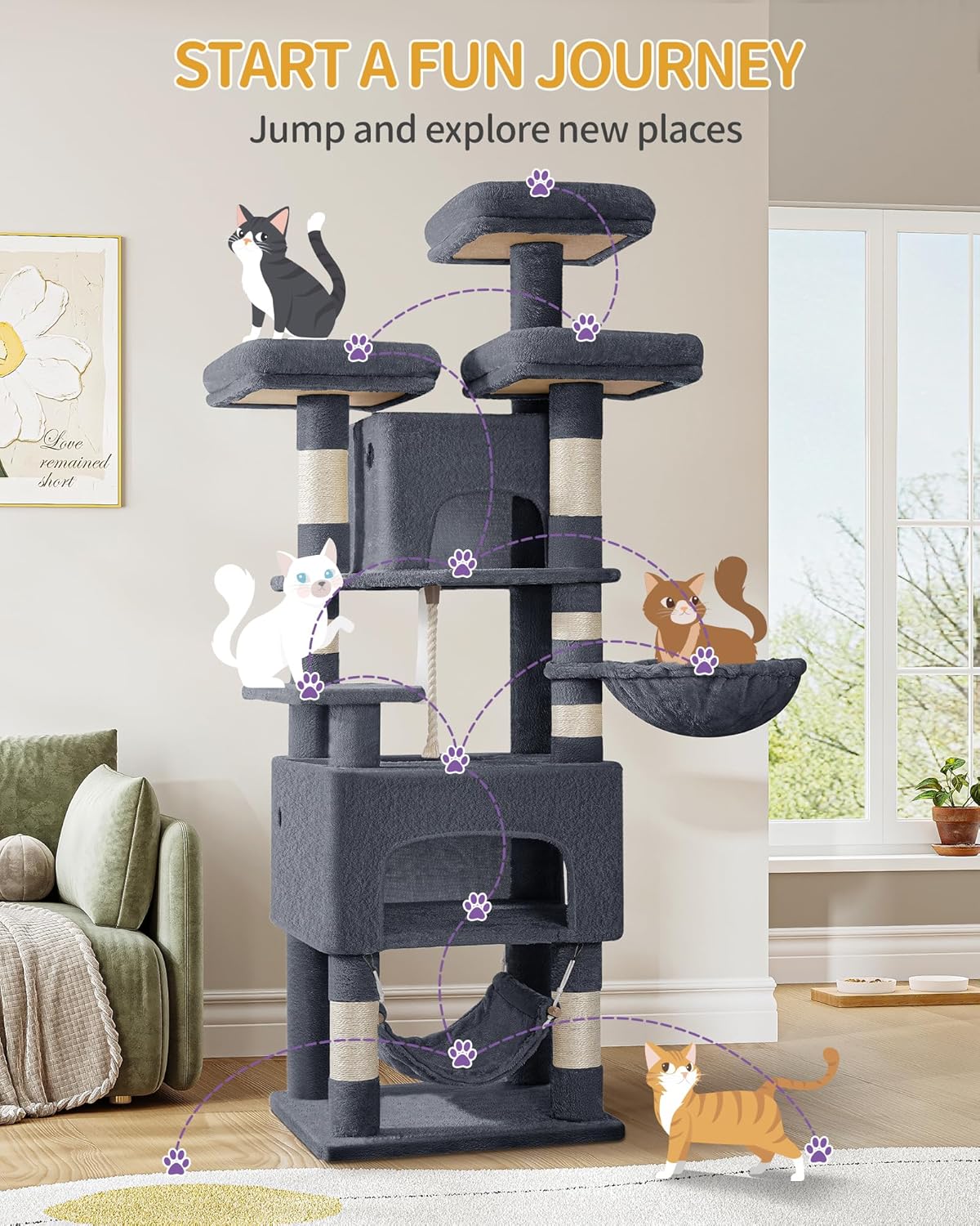 Hzuaneri Cat Tree, 176cm Cat Trees, XL, 3 Platforms, 2 Caves, 7 Scratching Posts, Hammock, Plush Balls, Cat Tower for Multi-Cat Households, Dark Grey MS17618SG