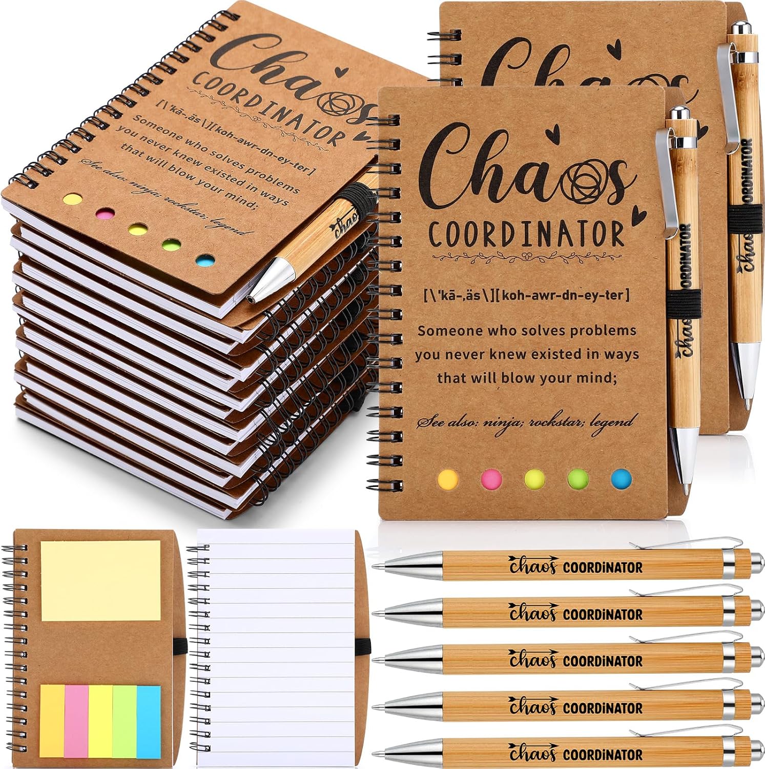 Skyygemm 20 Sets Employee Appreciation Gifts Spiral Notebook Journal with Sticky Notepad Index Tabs Thank You Gifts Notepad with Bamboo Pen Bulk for Teacher Cna Nurse Coworker(Chaos Coordinator)