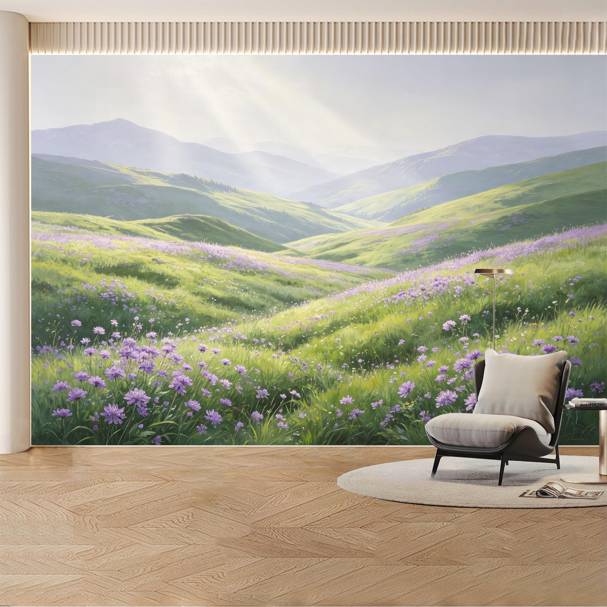 Custom Wall Mural Wallpaper Mountain Wildflower Meadow Landscape Nature Large Wall Art Misty Minimalist Removable SelfAdhesive Large Photo for Living Room， Bedroom， Office