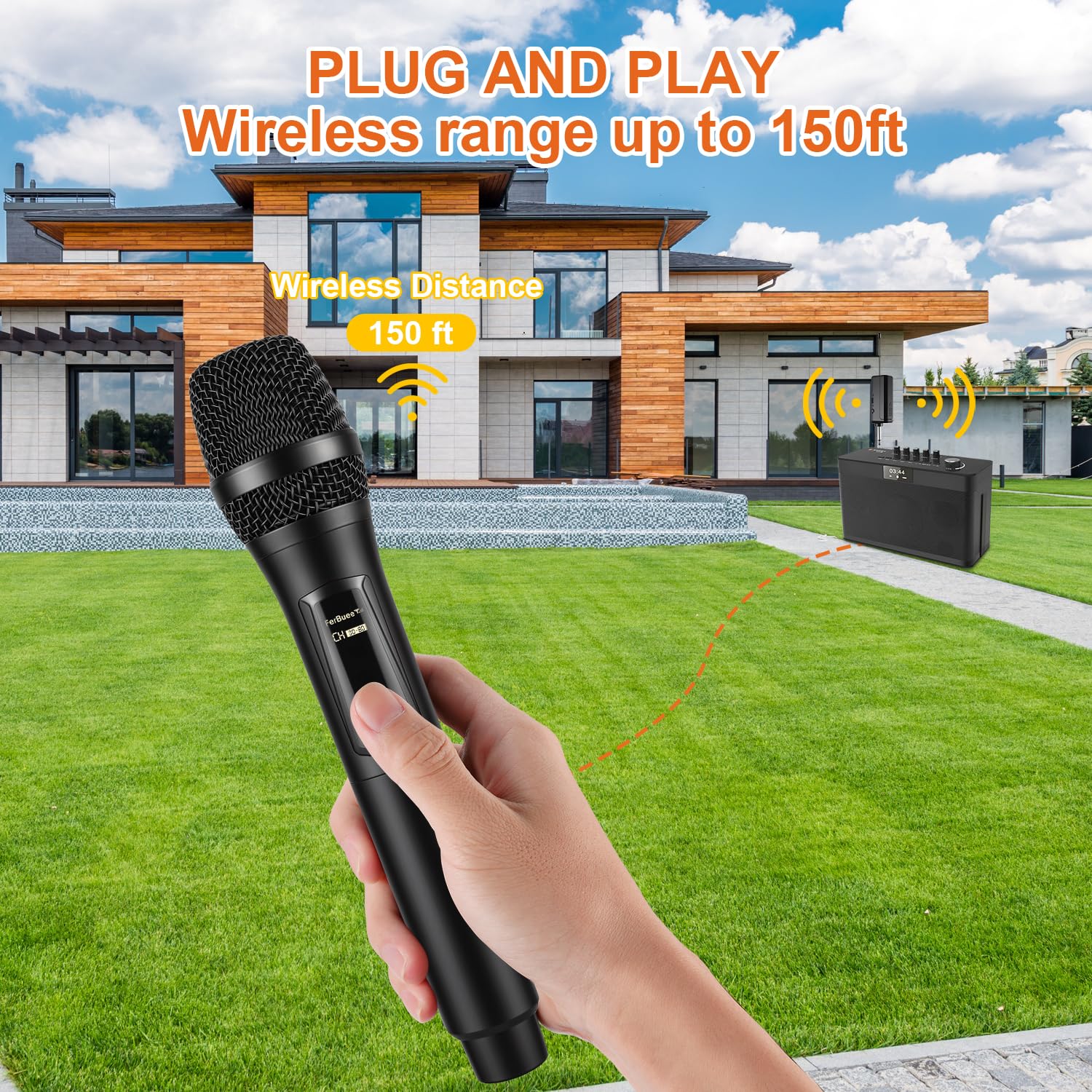 Microphone sans Fil Micro à Main Double avec Récepteur Rechargeable, Sortie 1/4”, 1/8" pour Amplificateur, Système de Sonorisation, Karaoké, Église, Réunion (Noir & Gris)