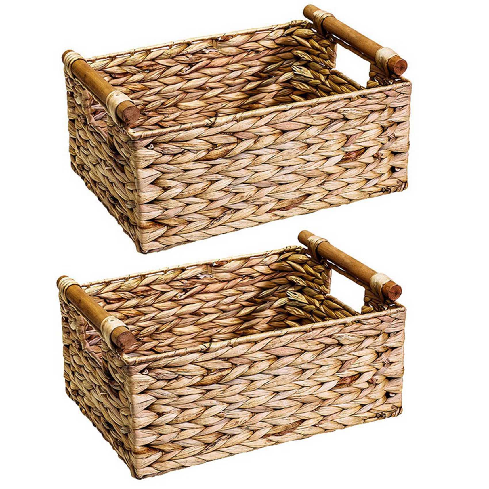 Hndhbfgrt 2X Wicker Basket Rectangular with Wooden Handles for Shelves,Water Hyacinth Basket Storage,Natural Baskets B