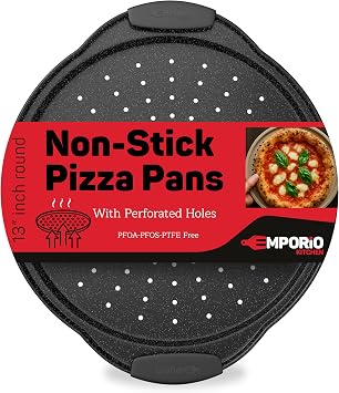 Non-Stick Pizza Pan with Silicone Handle 1 Pack, 13 Inch Round Carbon Steel Tray with Perforated Holes, Dishwasher & Oven Safe Up To 450F, PFOAPFOSPTFE Free, Durable Nonstick Gray Marble Coating
