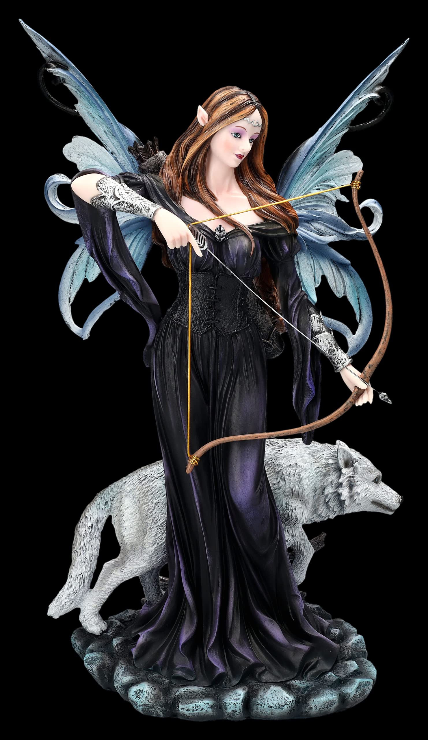 Fantasy Elfen Figur - Amora mit Bogen und Wolf 39,5 cm | Kriegerin Statue