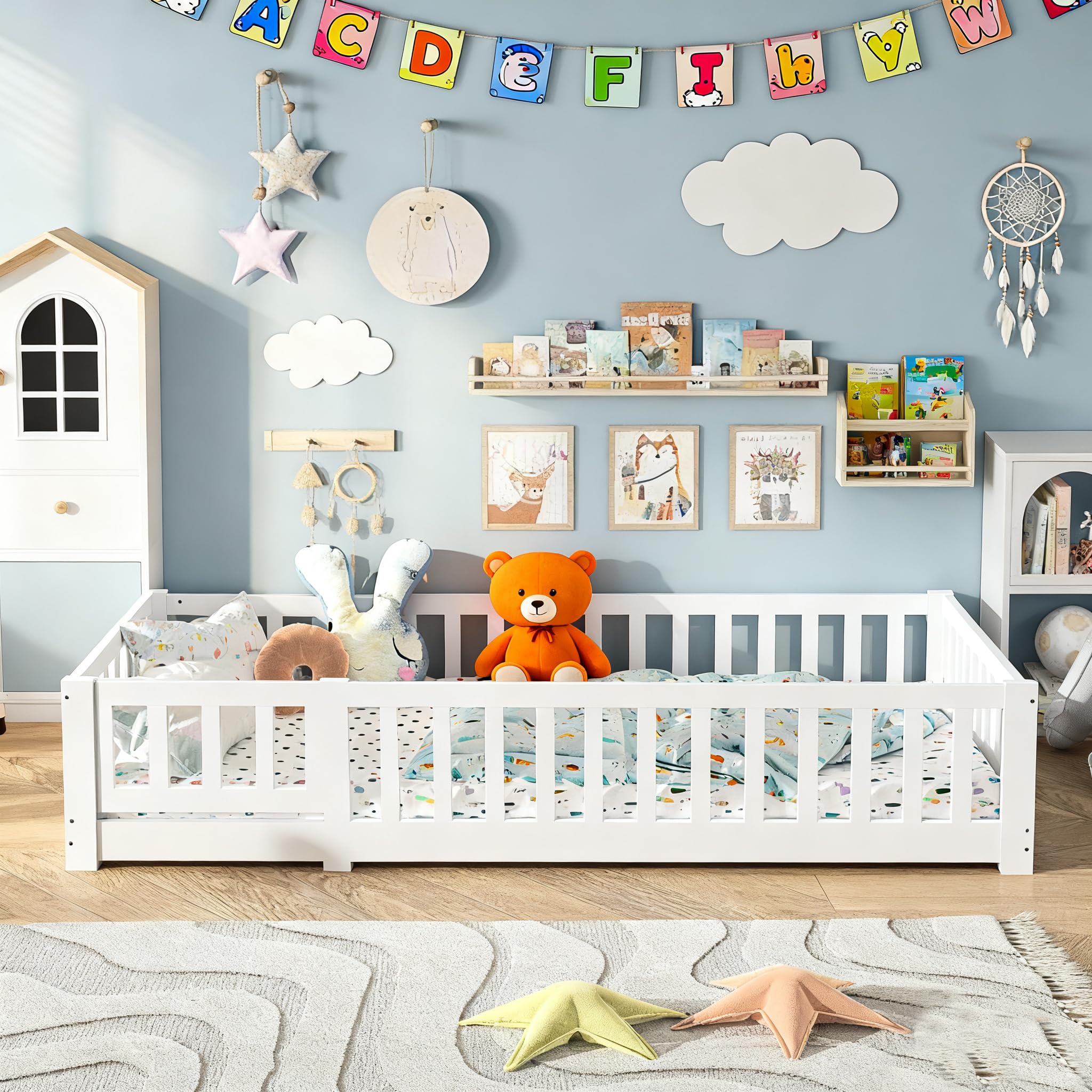 Cama Infantil 90 x 200 cm, Cama de pie con barandillas de Seguridad, somier de láminas Blancas, Apta para niños y niñas