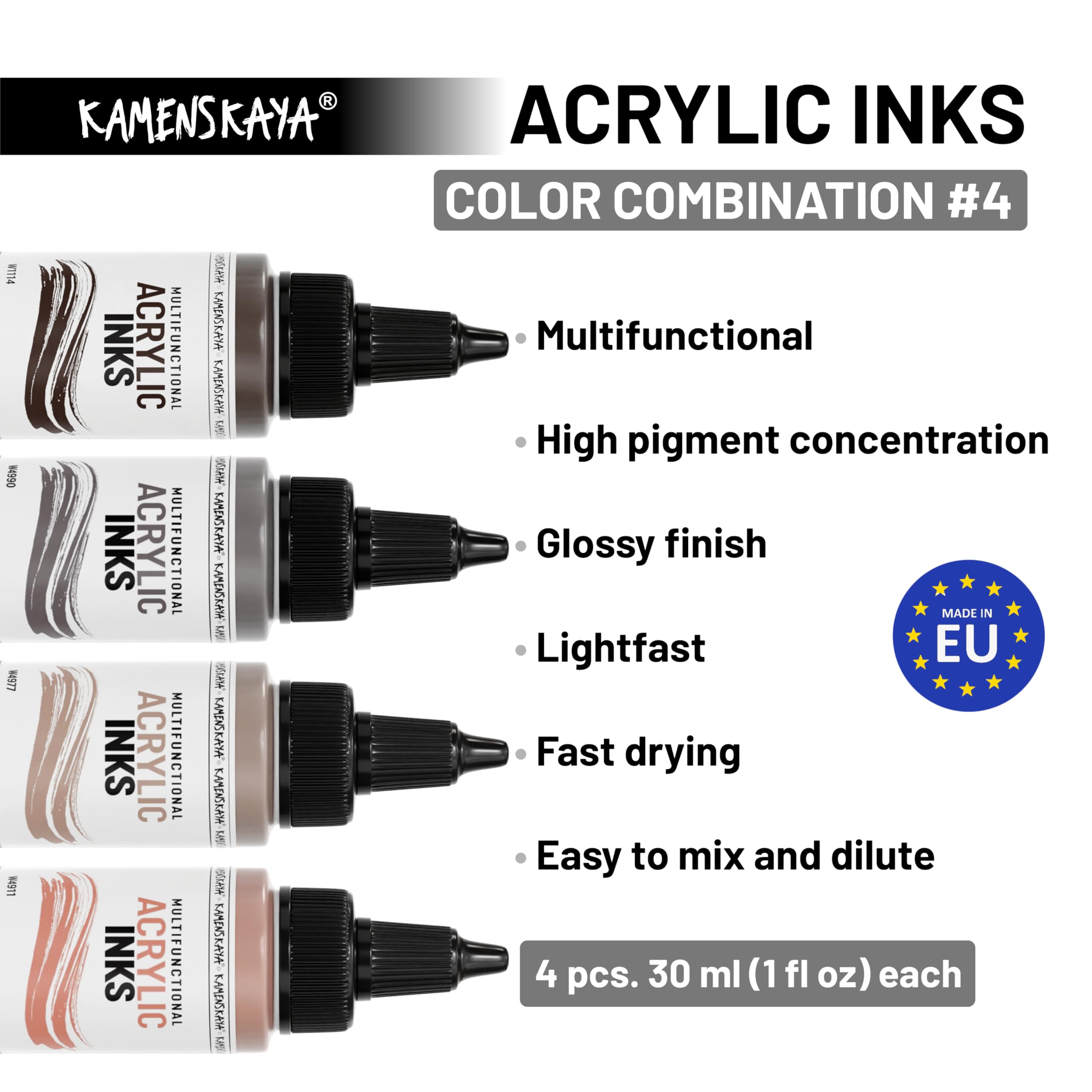Kamenskaya Acrylic Inks for Artists - Acrylic Ink Set, Color Combination #4-4 pcs. 1 Fl Oz (30 ml) Each, 30 ml (Pack of 4) - Image 3