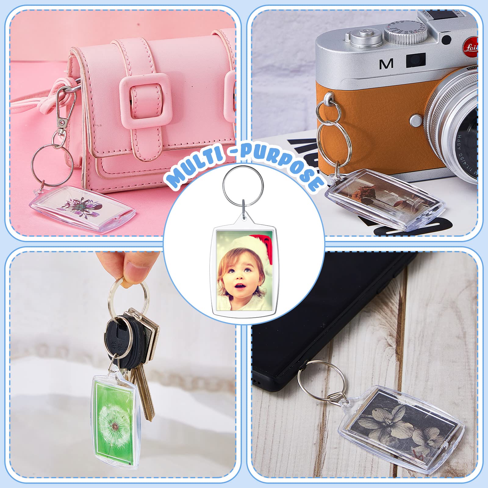 Junkin 500 Stück Acryl-Bilderrahmen-Schlüsselanhänger, Rohlinge, Foto-Schlüsselanhänger, Großpackung, 5,6 x 4,1 cm, Foto-Einsatz, Bild-Schlüsselanhänger, transparent, rechteckig, Acryl-Rohlinge für