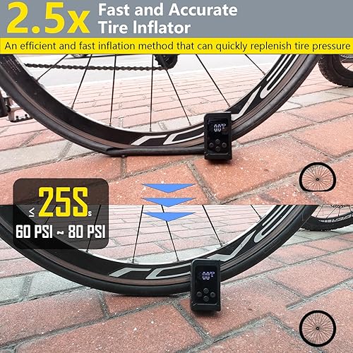 Miniatura 5 de Mini bomba de neumáticos para bicicleta con calibre 150PSI bomba de aire recargable portátil, bomba de aire eléctrica con válvula Presta y Schrader