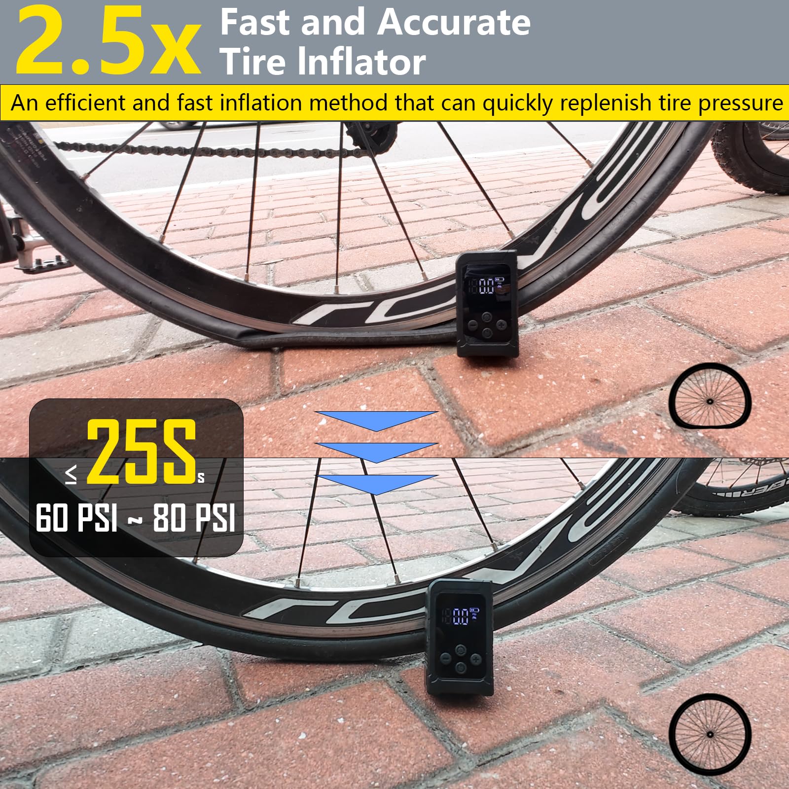 kakoya Mini bomba de neumático de bicicleta con manómetro de 150 PSI, bomba de aire recargable portátil, bomba de aire eléctrica con válvula Presta y Schrader para carretera, bicicleta de montaña