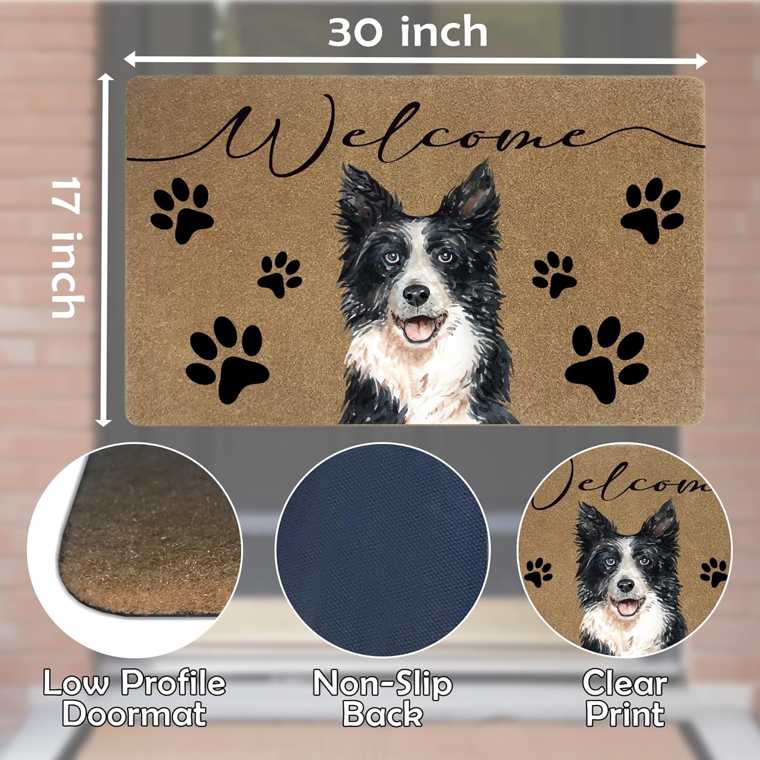 Border Collie Dog Welcome Faux Coir Door Mats Outdoor, Border Collie Gifts Door Mat for Home Outside Entryway, Dog Welcome Doormat for Indoor Outdoor Porch Entrance, 17x30 Inch