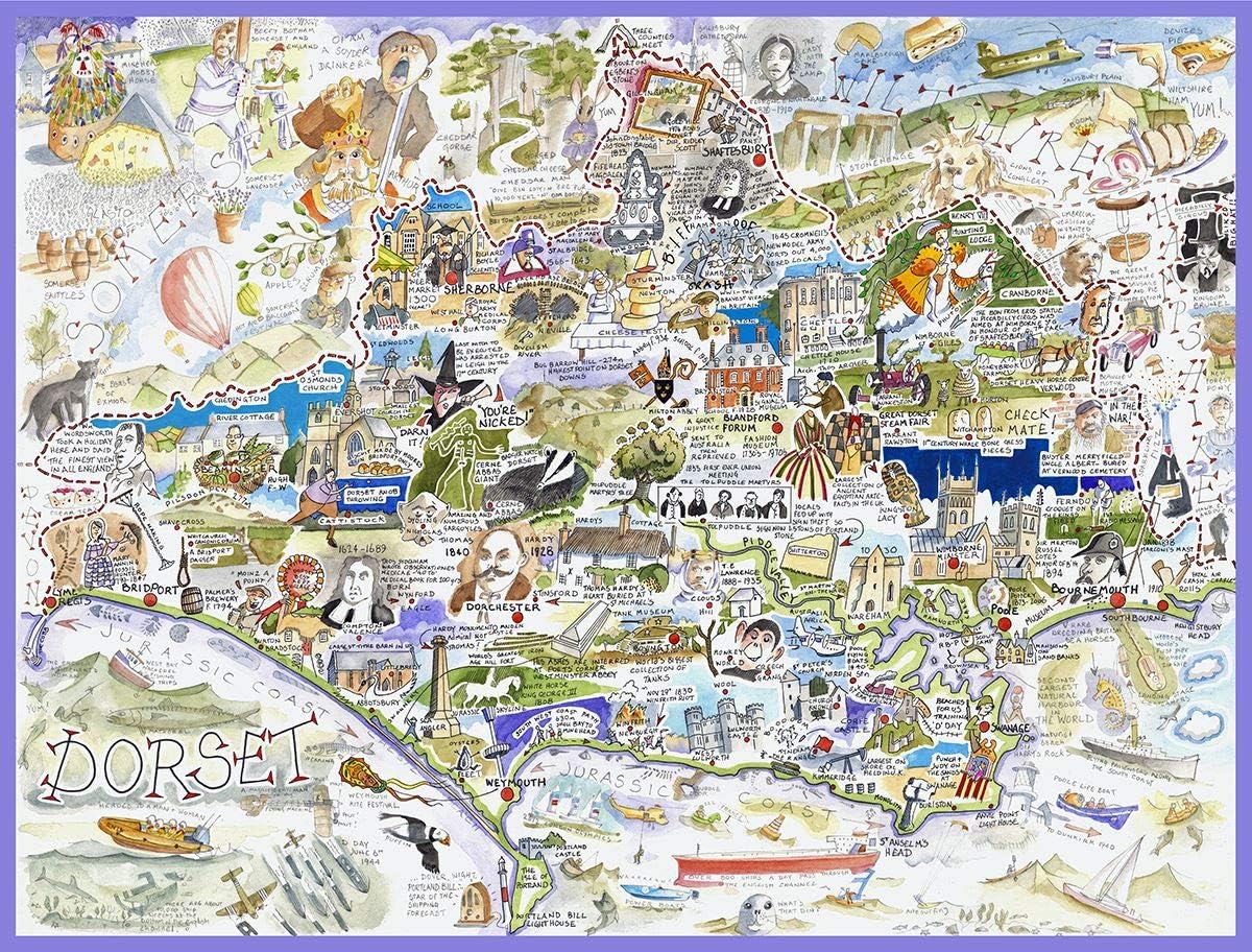 Comical Map of Dorset, Artwork by Tim Bulmer - 1000 Piece Puzzle for Adults, Large Puzzle 66cm X 50cm in Size. Challenging to Complete But Fun and Humorous