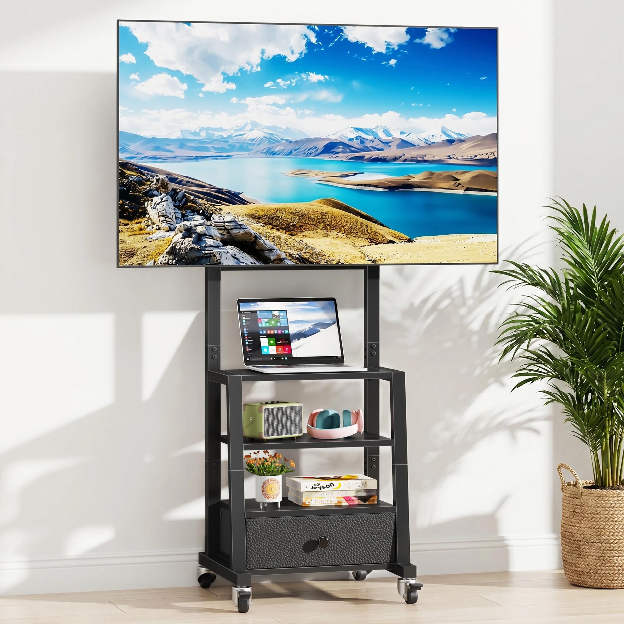 Support TV sur Pieds Support TV roulettes 32-60" VESA 400x400, Noir | Tiroir Tissu, Rangement Étagère, Hauteur Réglable, Charge 40kg, Facile à Assembler, Salon/Chambre/Bureau