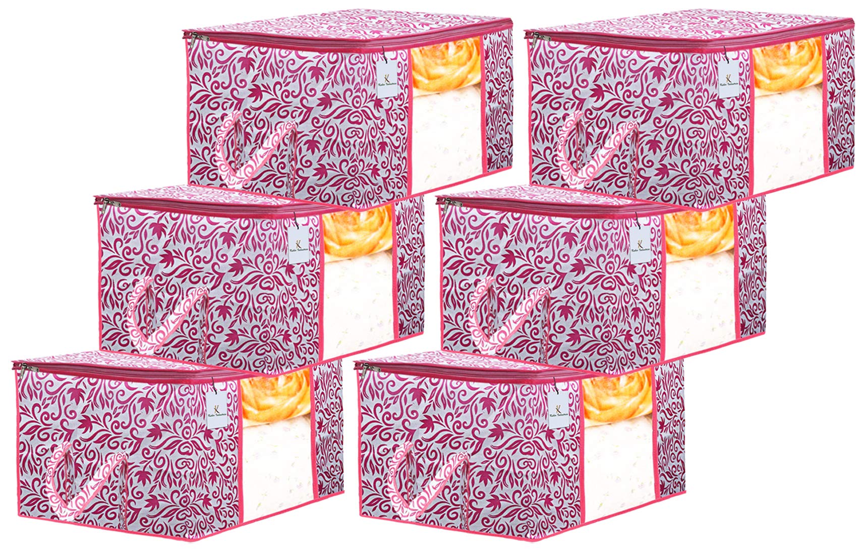 Kuber Industries Leaf Design 6 Piece Non Woven Underbed Storage Bag,Storage Organiser,Blanket Cover with Transparent Window,Extra Large, Pink -CTKTC034489-image-43