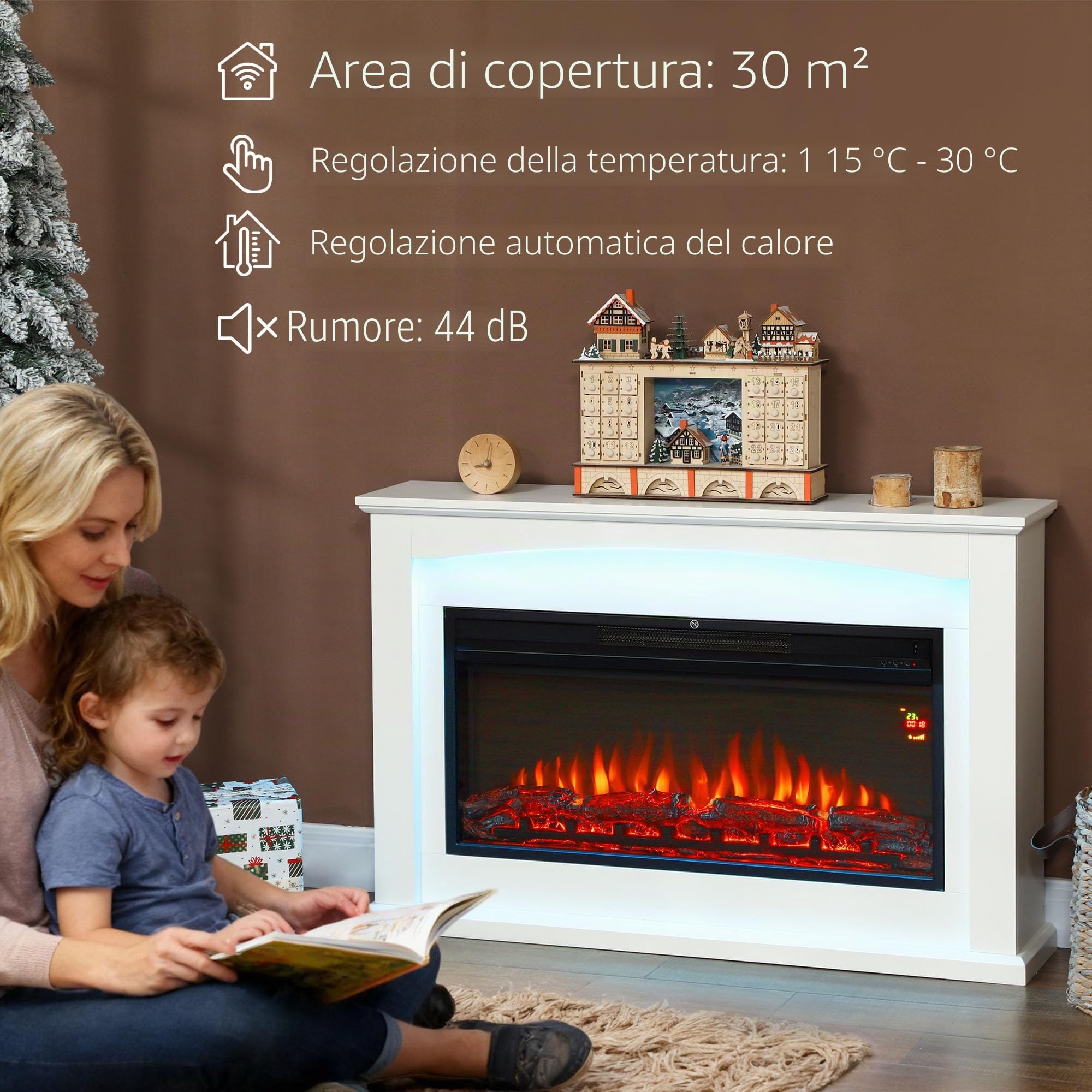 HOMCOM Caminetto elettrico 1000W/2000W, effetto fiamma con 5 luminosità regolabili, finto caminetto decorativo con mantello, termostato regolabile, telecomando, timer, fino a 30 m², bianco