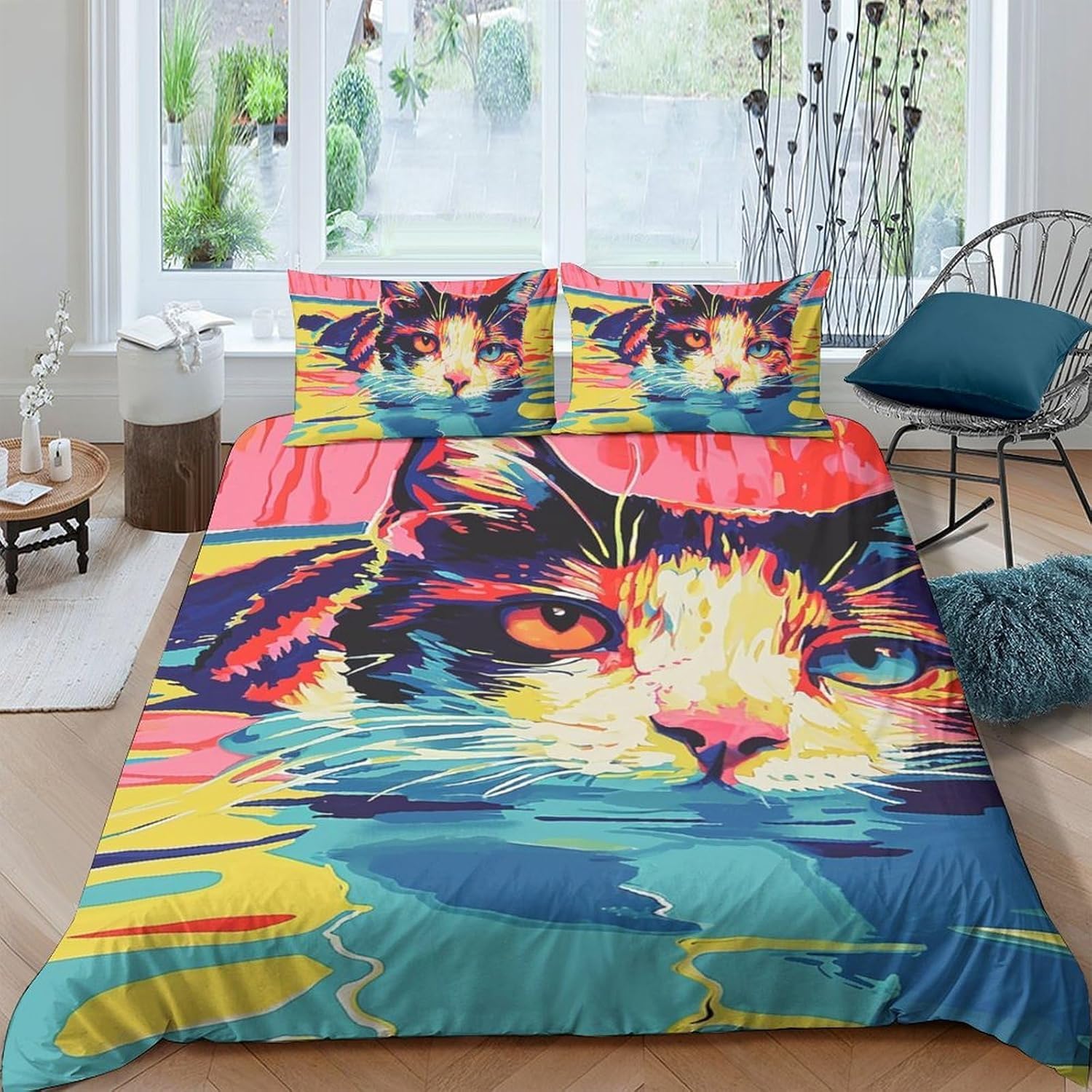 Housse couette 200x200 chat imprimé 3D parure lit microfibre avec fermeture éclair