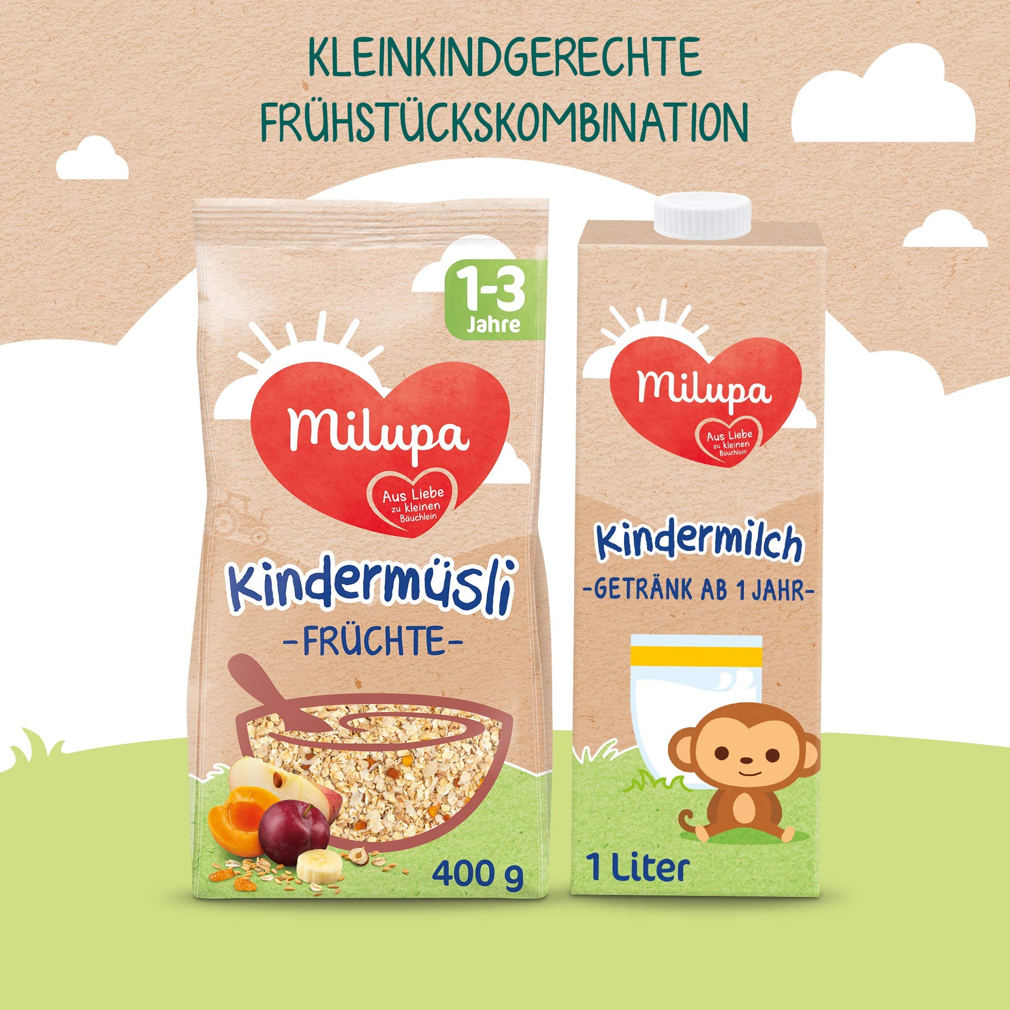 Milupa Kindermüsli Feine Früchte – Getreide Frühstück Müsli von 1 bis 3 Jahre, Ohne Zuckerzusatz, Babynahrung, 4 x 400g