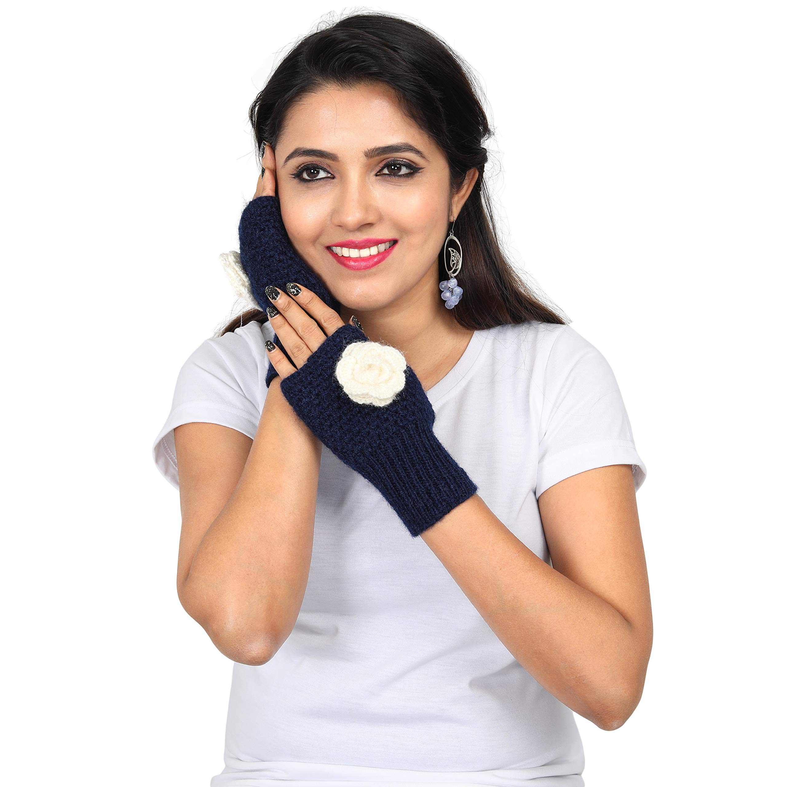 Handmade KC Girls & Women's GLOVES (MITTS) hand knitted Homemade woolen CROCHET gloves Natural pure wool warm winter HAND WARMER Handmade cozy rustic housewarming #Navy Blue, Get it together with KC Handmade woolen socks